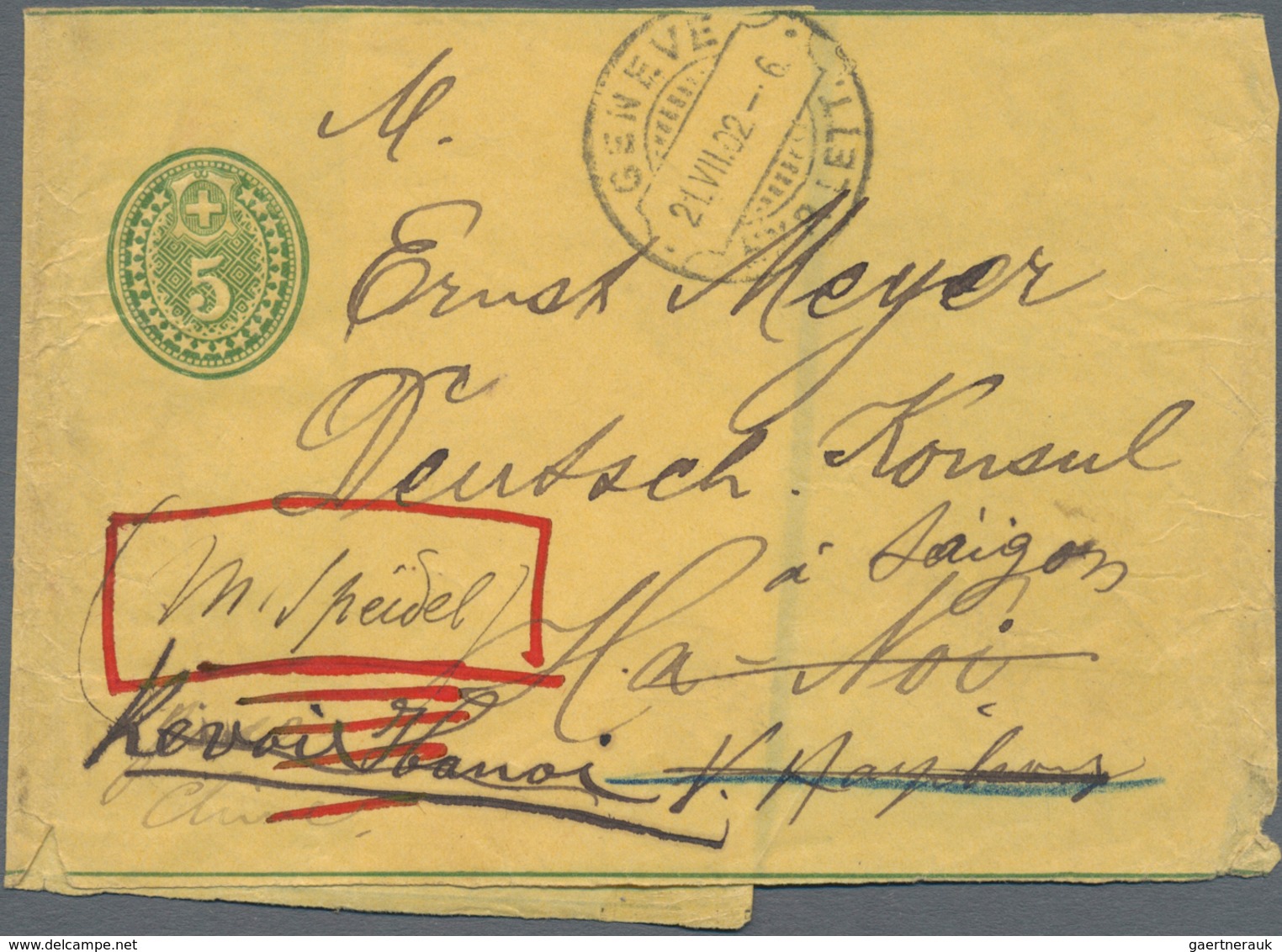 Schweiz - Ganzsachen: 1902, 5 R. Grün Ganzsachenstreifband Sauber Entwertet "GENEVE 21/VII/02", Adre - Stamped Stationery