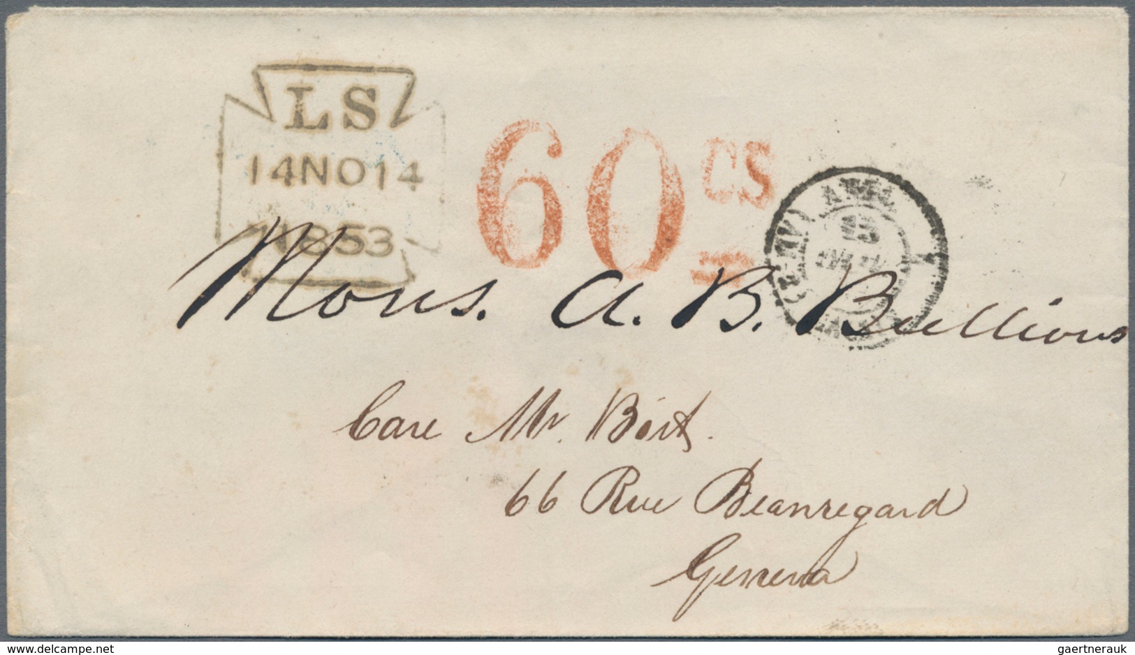 Schweiz - Stempel: 1853, Kleiner Umschlag Von London "LS 14 NO 14 1853" Nach Genf. Dort Mit Rotem Ta - Postmark Collection