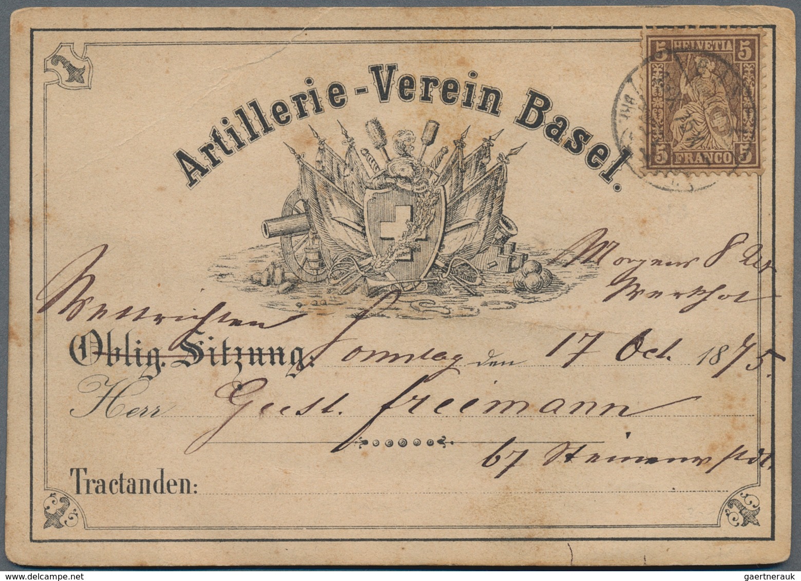 Schweiz - Besonderheiten: 1875, BASEL, Frühe Karte Des Artillerie-Vereins Basel Mit 5 Rp.-Frankatur - Andere & Zonder Classificatie