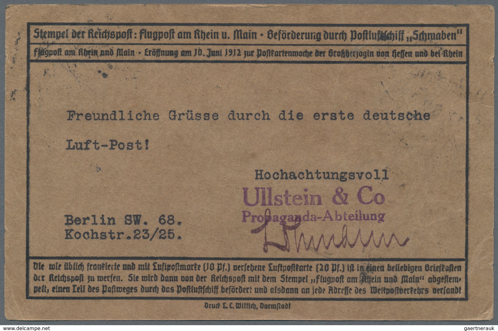 Schweiz - Besonderheiten: 1912 Offizielle Karte Der Deutschen Flugpost Am Rhein & Main Von Darmstadt - Other & Unclassified