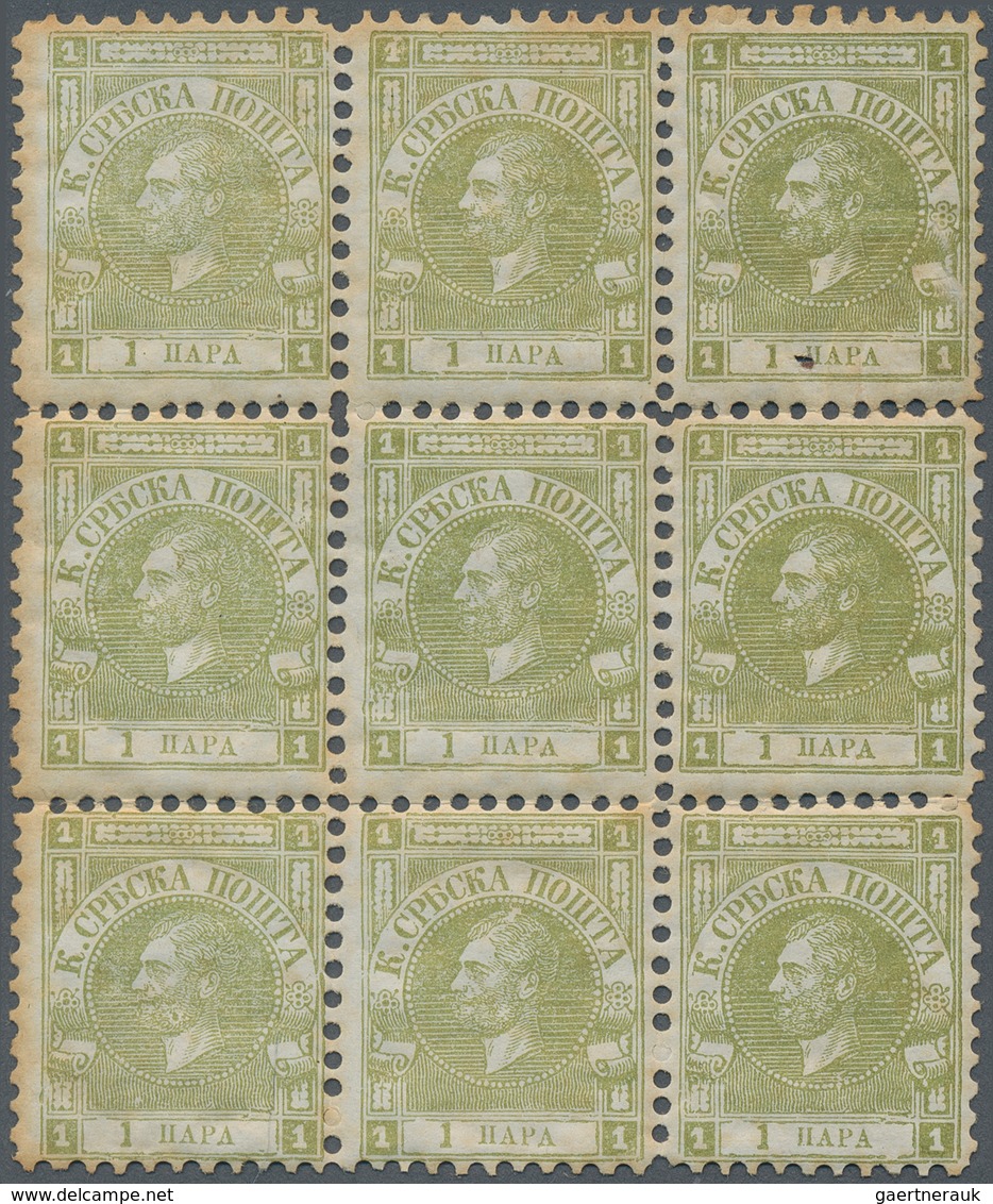 Serbien: 1866. Prince Michael. 1p Olive Green, Perf 9 1/2, Wove Paper. Fine Mint Block Of Nine (some - Serbien