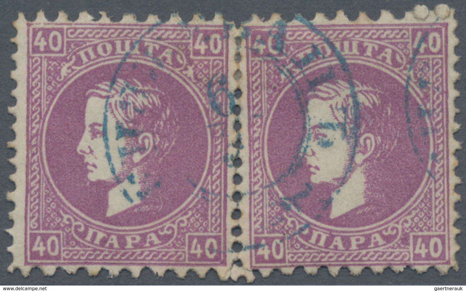 Serbien: 1876. Prince Milan. Fourth Printing. 40 P Mauve, Perf. L 9 1/2 X 12. Two Single Examples Jo - Serbia