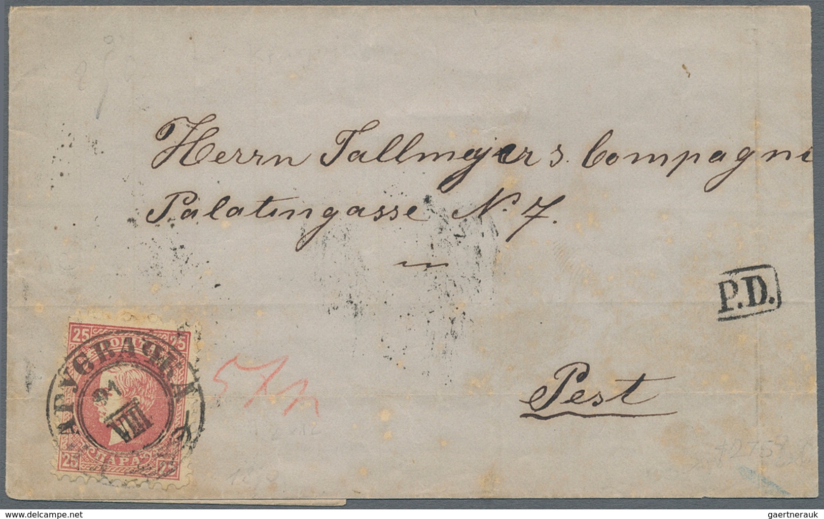 Serbien: 1870. Cover (small Faults) To Hungary Correctly Franked With 25 P Carmine-rose, Perf L 9 1/ - Servië