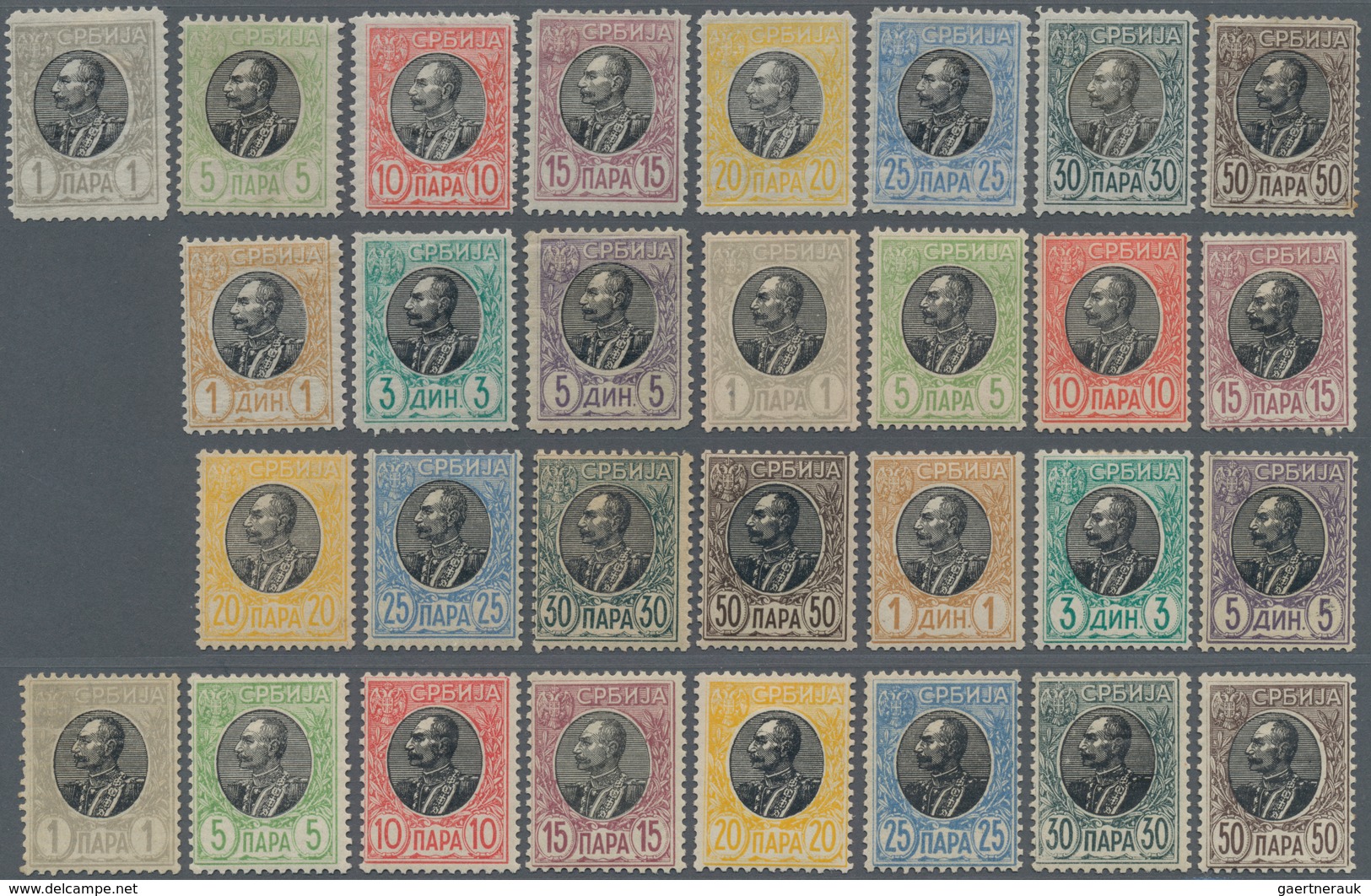 Serbien: 1905/1911. King Peter I ("Bareheaded" Issue). Very Fine Mint Run Of Thirty Stamps, All Valu - Servië