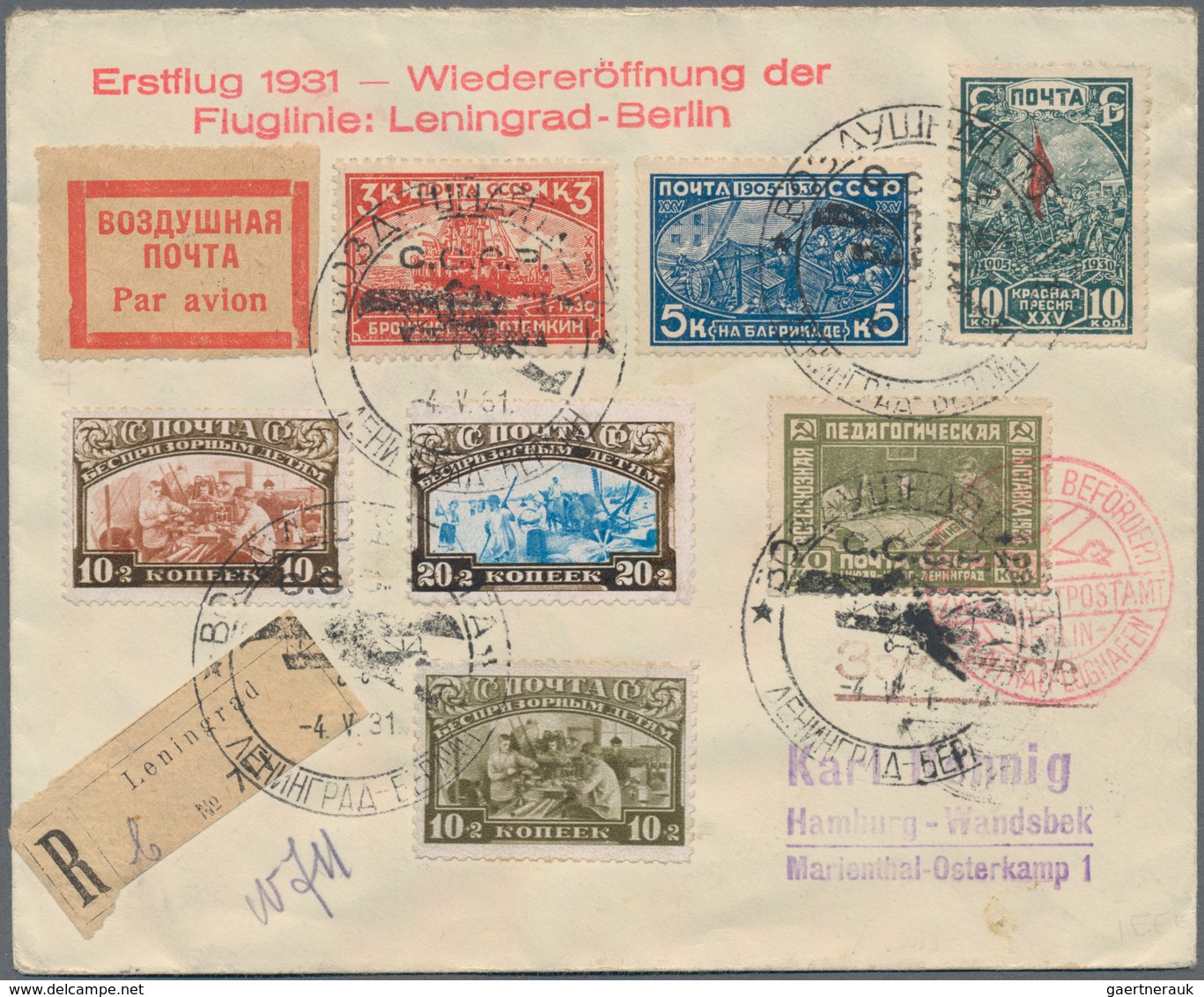 Sowjetunion: 1931, First Flight Re-Opening Leningrad-Berlin Route, Attractive Franking On Registered - Other & Unclassified