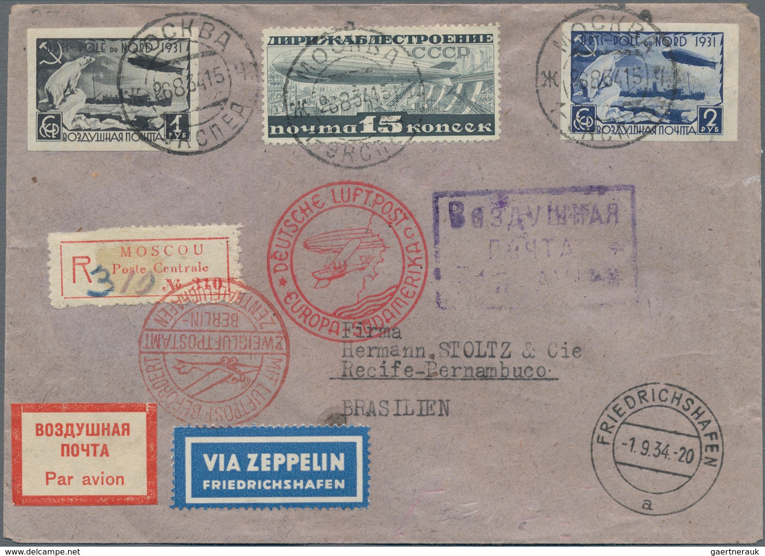 Sowjetunion: 1934. Sowjetunion/ 7. SAF 1934. R-Vertragsstaatenbriefmit Traumhafter Zeppelinmarkenfra - Other & Unclassified