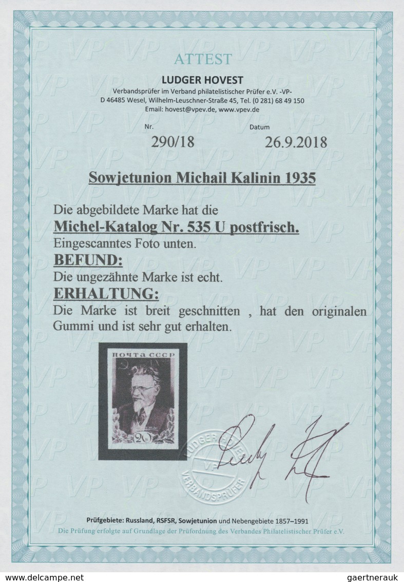 Sowjetunion: 1935, Kalinin 20kop. Blackish Brown IMPERFORATE, Unmounted Mint. Certificate Hovest VP. - Andere & Zonder Classificatie