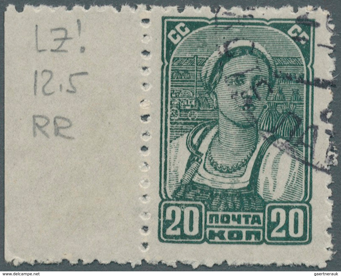 Sowjetunion: 1939, Definitives 20kop. Green With Line Perforation 12½, Left Marginal Copy Neatly Can - Altri & Non Classificati