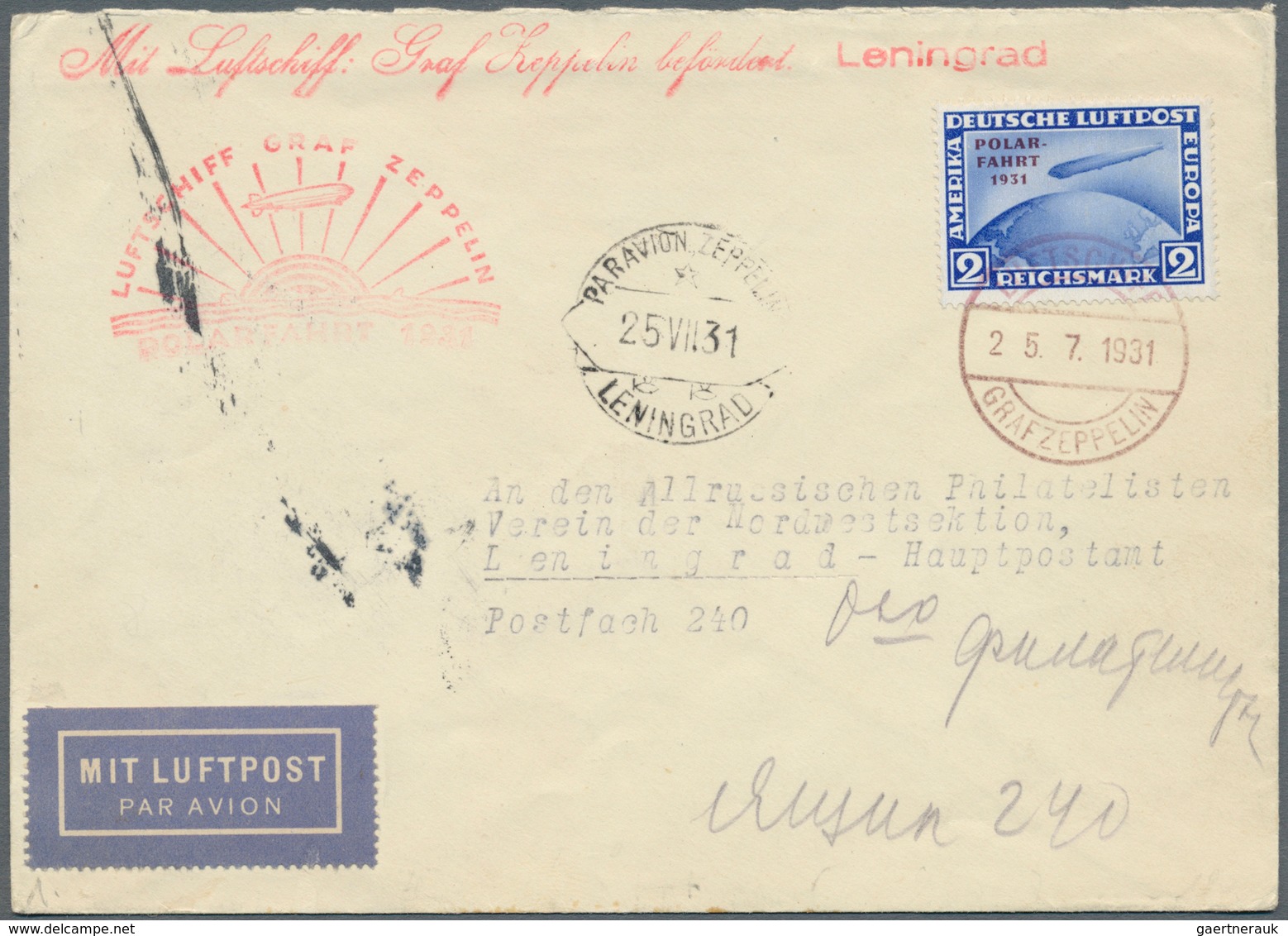 Sowjetunion - Besonderheiten: 1931, 2 RM Polarfahrt Auf Bordpostbrief Nach Leningrad. Sowjetischer B - Andere & Zonder Classificatie