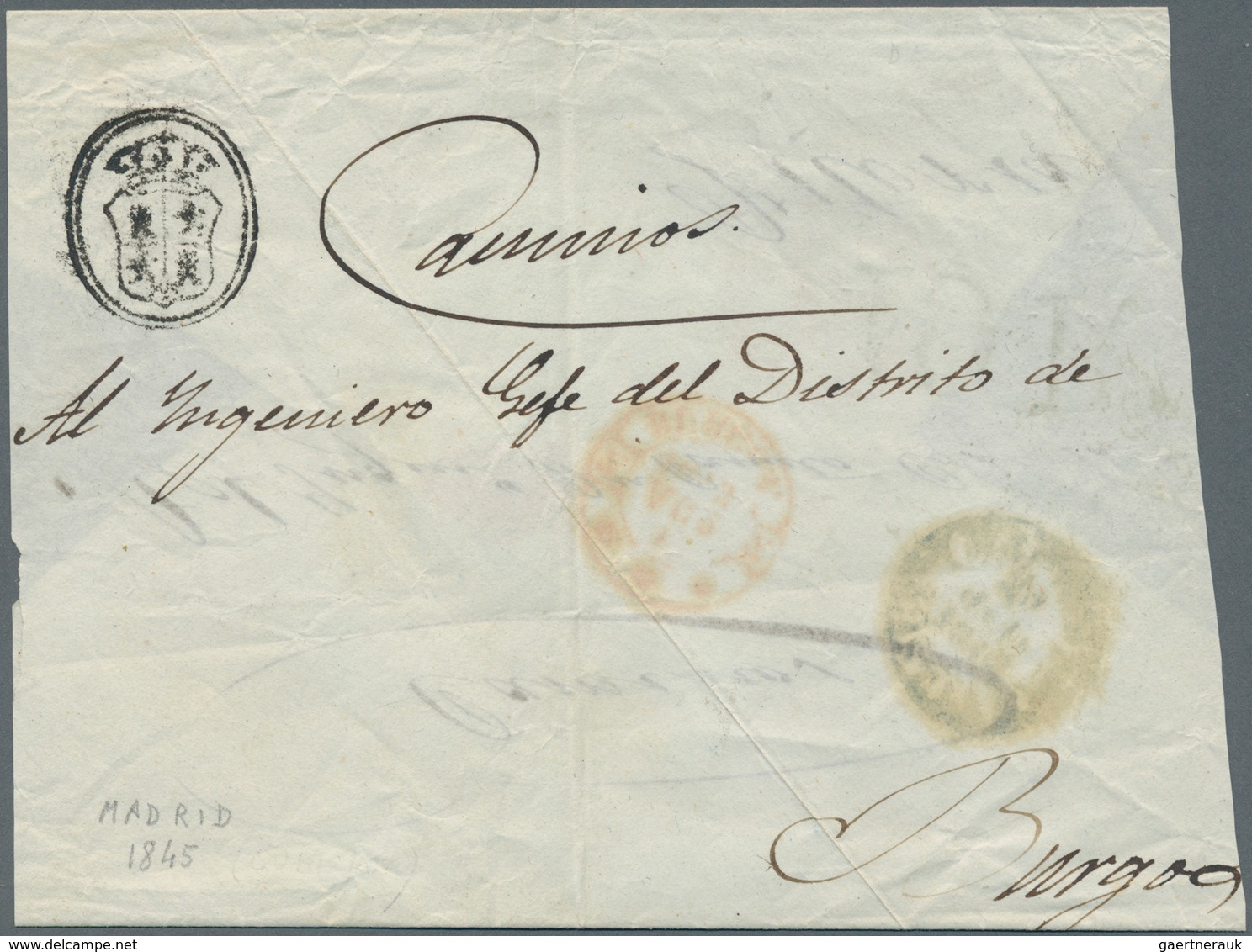 Spanien - Vorphilatelie: 1845, Cover From MADRID To Burgos With Coat Of Arms In Black. Stamped With - ...-1850 Voorfilatelie