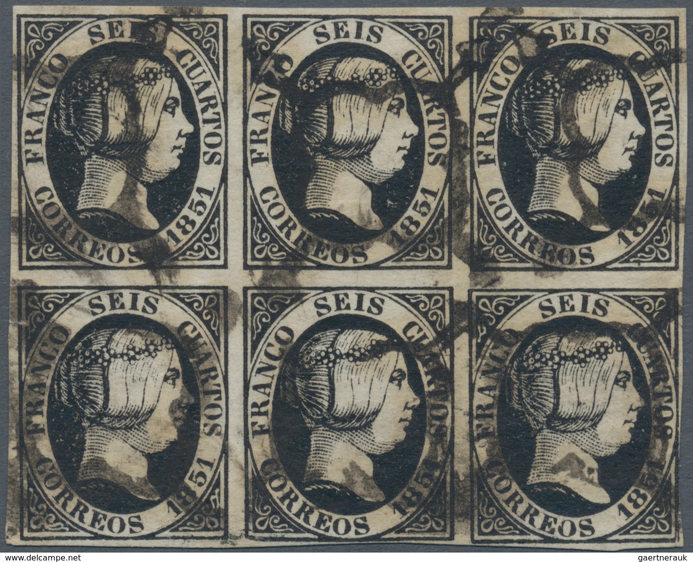 Spanien: 1851, 6cs. Black, Block Of Six, Fresh Colour, Slightly Touched At Lower Right Otherwise Clo - Andere & Zonder Classificatie