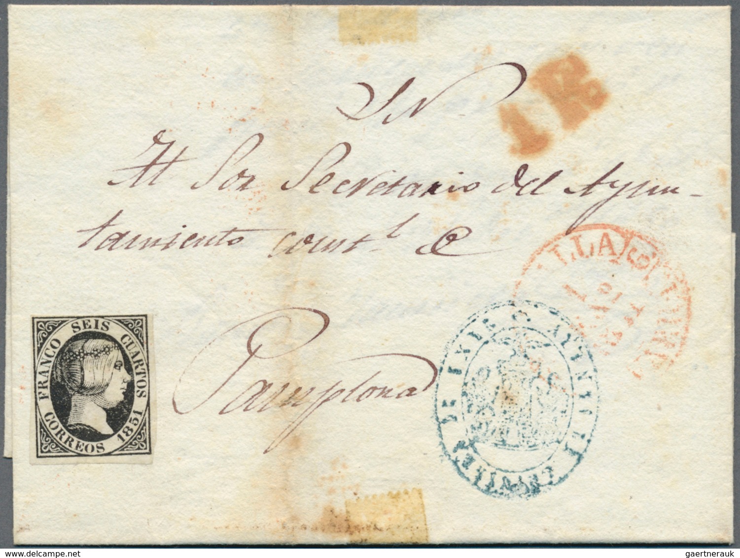 Spanien: 1851, 6 Cuartos Black, Used UNCANCELLED On Entire Letter From Tafalla To Pamplona, With Sen - Other & Unclassified
