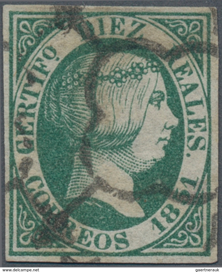 Spanien: 1851, Isabella II With Diadem 10 Reales Green With Black Cancel, Fresh Colour And Wide Marg - Autres & Non Classés