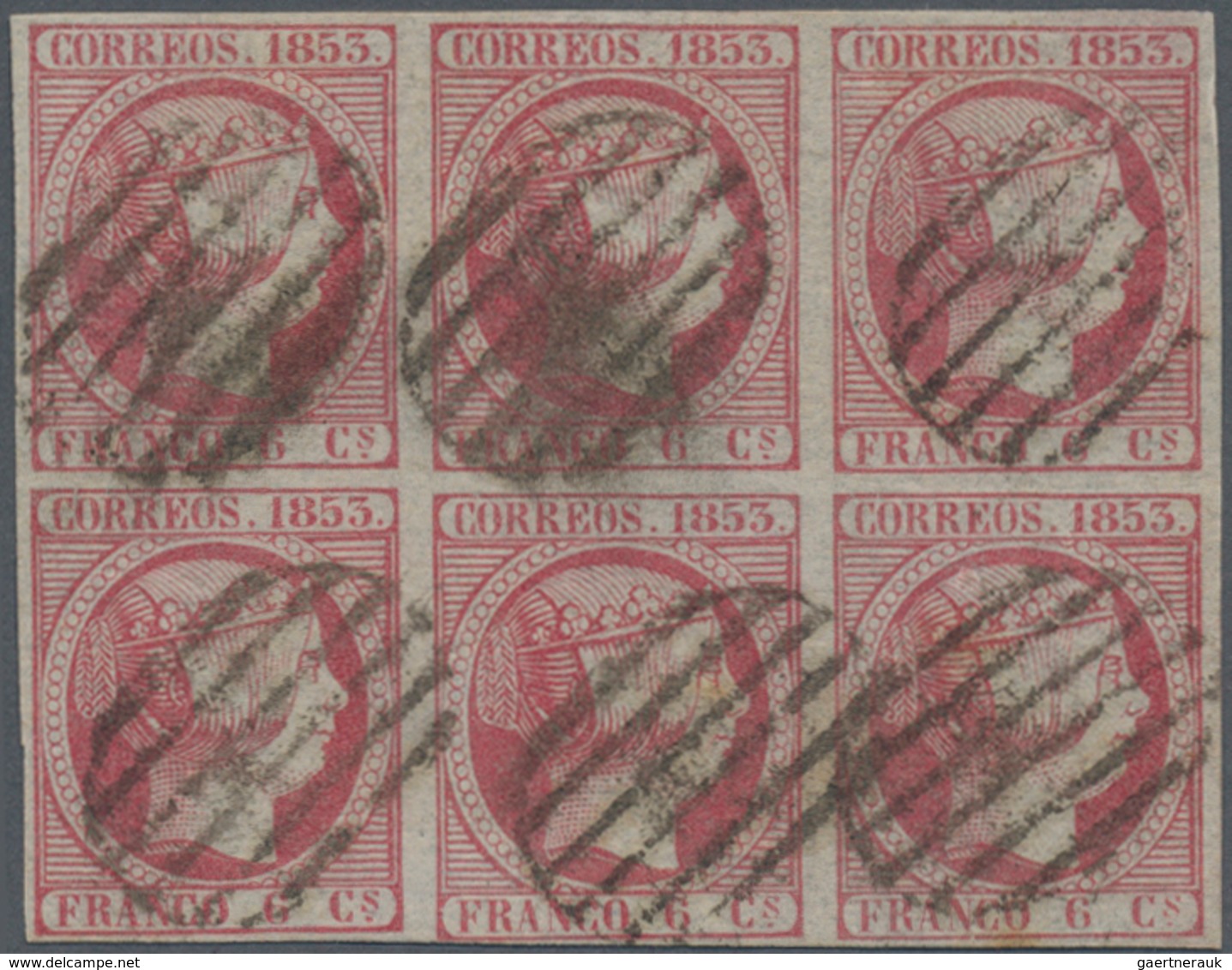 Spanien: 1853, 6cs. Carmine Rose, Block Of Six, Fresh Colour And Full Margins All Around, Clearly Ca - Andere & Zonder Classificatie