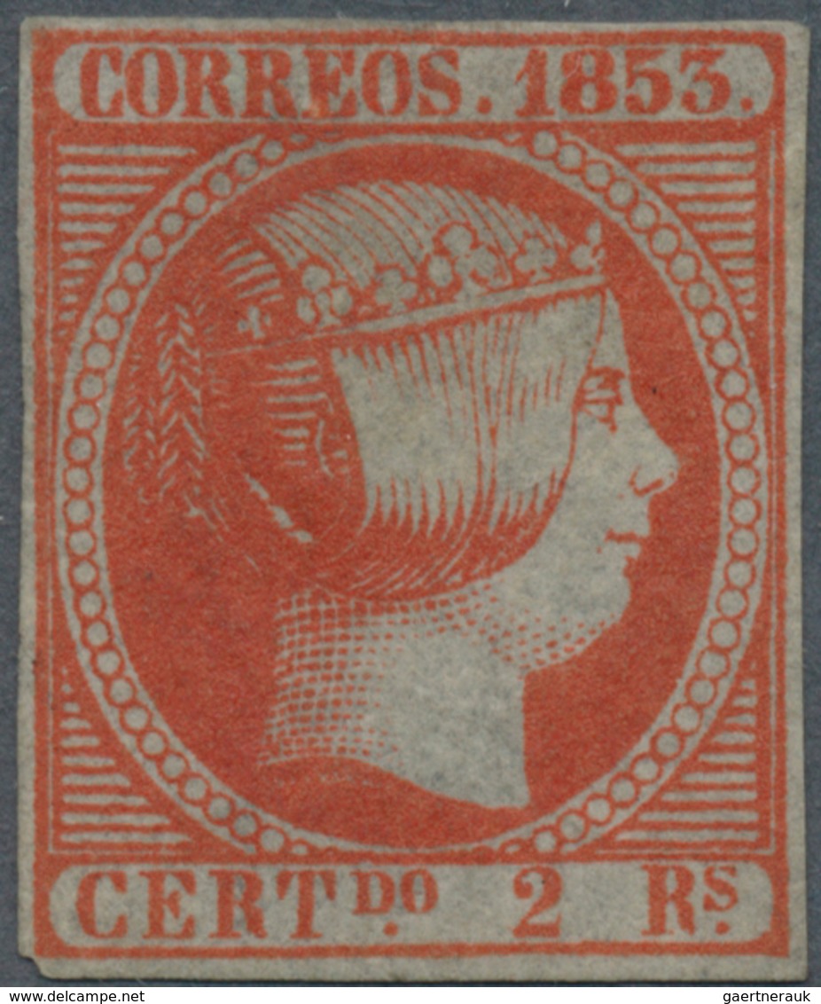 Spanien: 1853, 2r. Vermilion, Bright Colour, Close To Full Margins, Unused No Gum, Repaired. Overall - Other & Unclassified