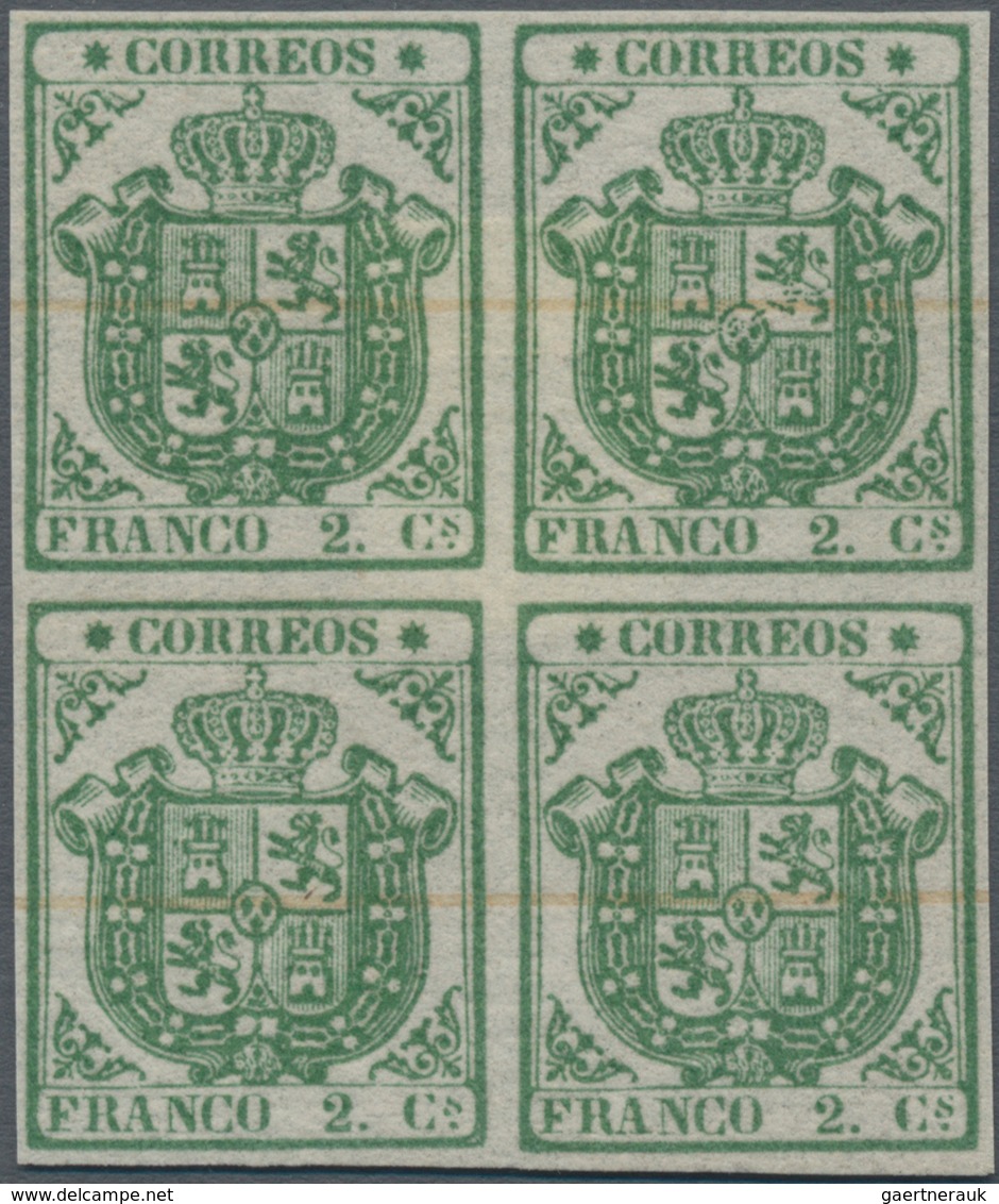 Spanien: 1854, 2cs. Green, Proof Block Of Four On Ungummed Paper With Faint Annulment Marks, Certifi - Other & Unclassified
