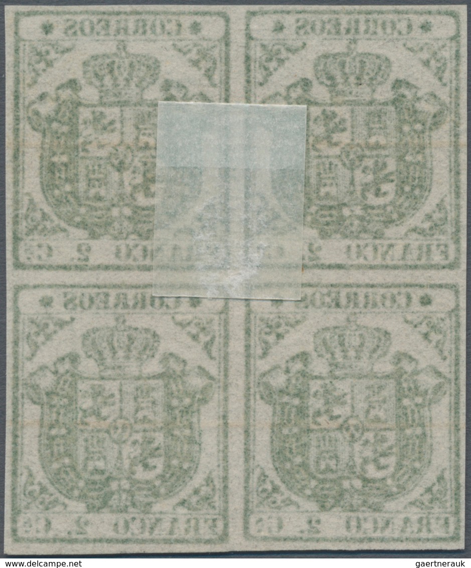 Spanien: 1854, 2cs. Green, Proof Block Of Four On Ungummed Paper With Faint Annulment Marks, Certifi - Other & Unclassified