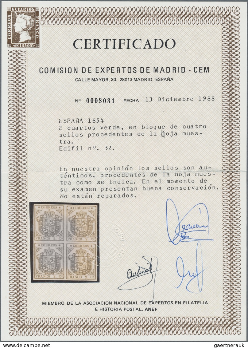 Spanien: 1854, 2cs. Green, Proof Block Of Four On Ungummed Paper With Faint Annulment Marks, Certifi - Otros & Sin Clasificación