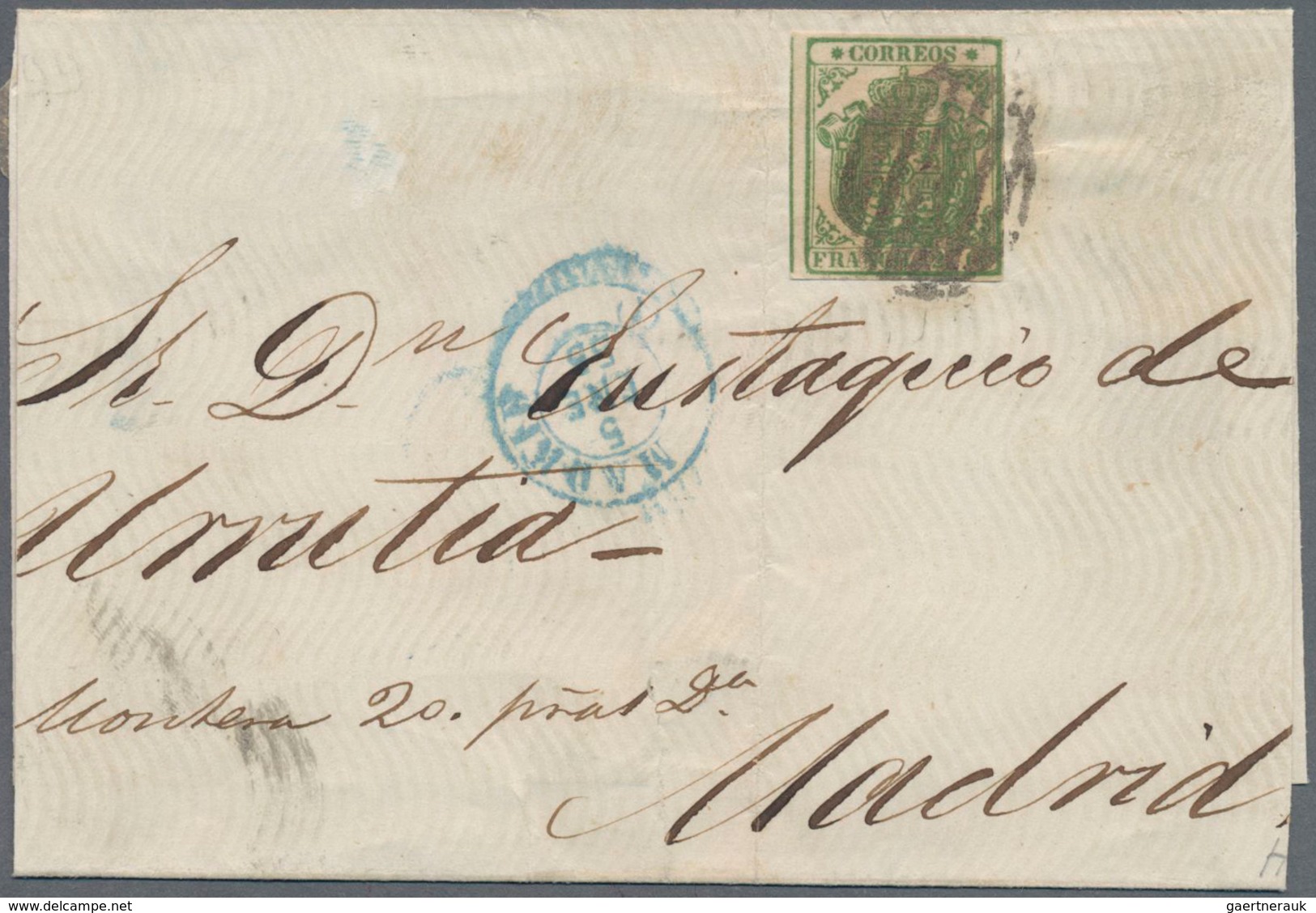 Spanien: 1854, 2cs. Green, Fresh Colour, Close To Large Margins With Part Of Adjoining Stamp, Single - Andere & Zonder Classificatie