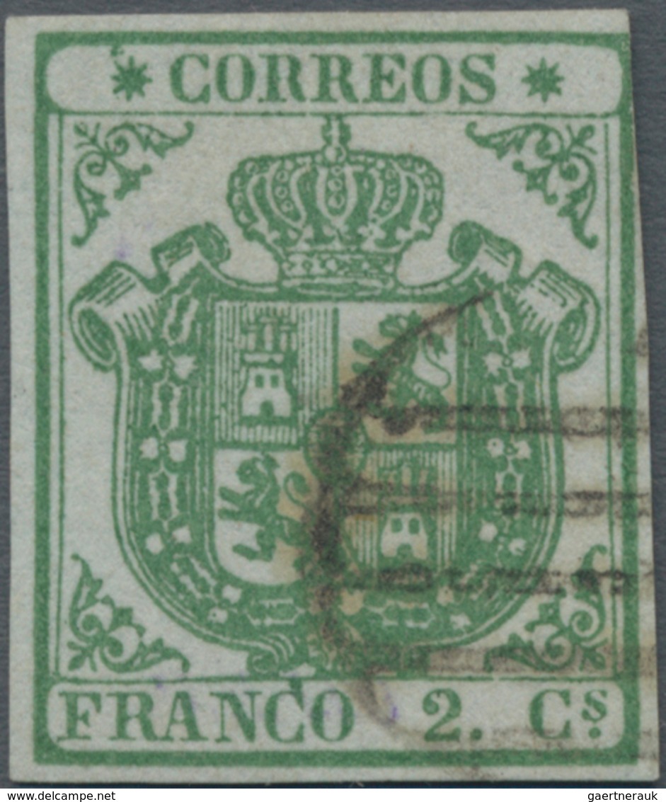 Spanien: 1854, 2cs. Green On Thick Bluish Paper, Fresh Colour, Slightly Cut Into At Upper Right Othe - Andere & Zonder Classificatie