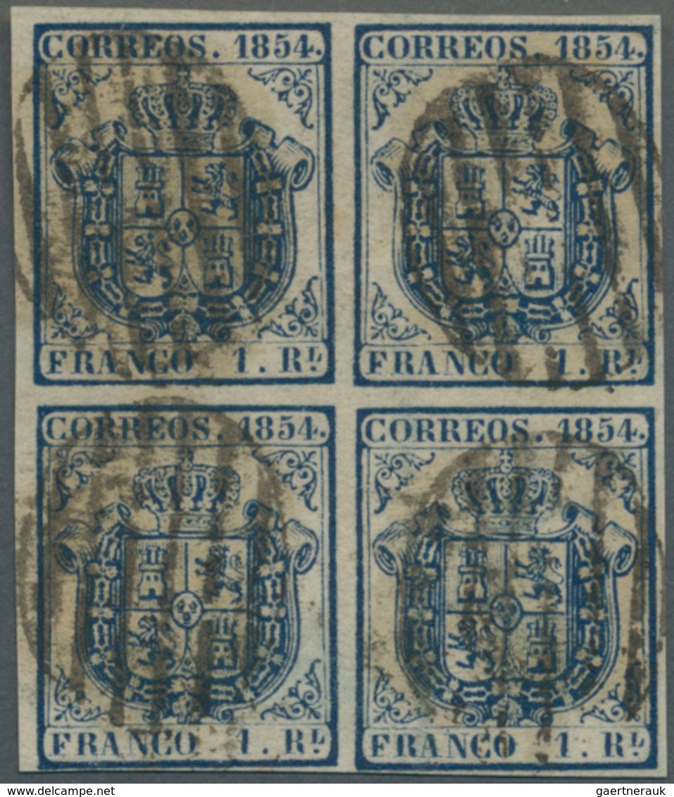 Spanien: 1854, Coat Of Arms 1 R On Thin White Paper In A Block Of Four Tied By Barr-cancles, Fresh C - Otros & Sin Clasificación