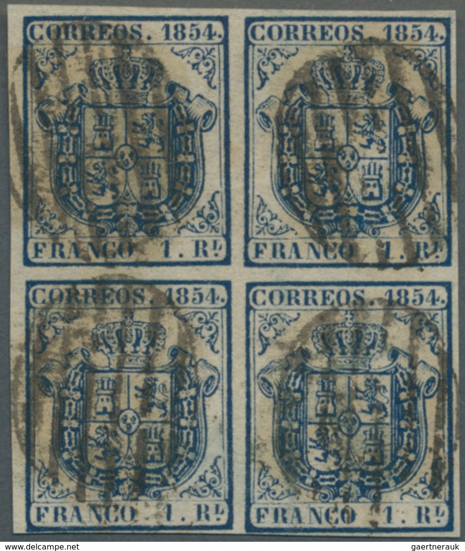 Spanien: 1854, Coat Of Arms 1 R On Thin White Paper In A Block Of Four Tied By Barr-cancles, Fresh C - Other & Unclassified