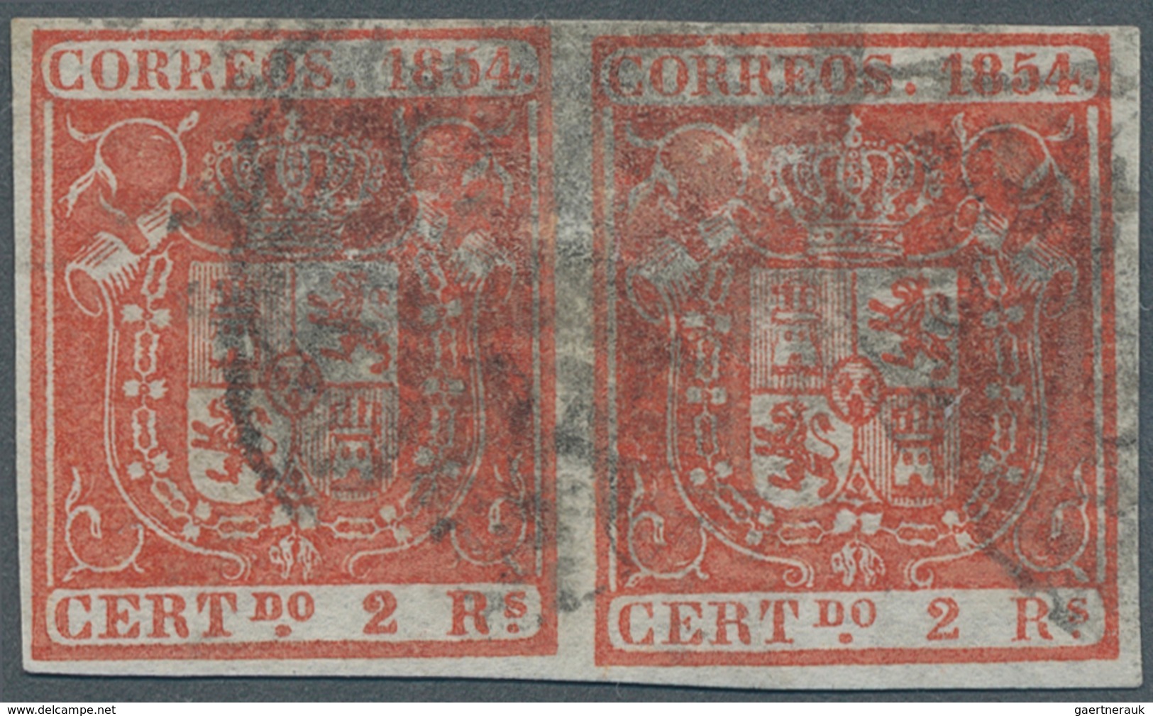 Spanien: 1854, 2 R Vermilion Paper, Vertical Pair With Complete Margins, Scarce ÷ 1854, 2 Reales Ber - Other & Unclassified