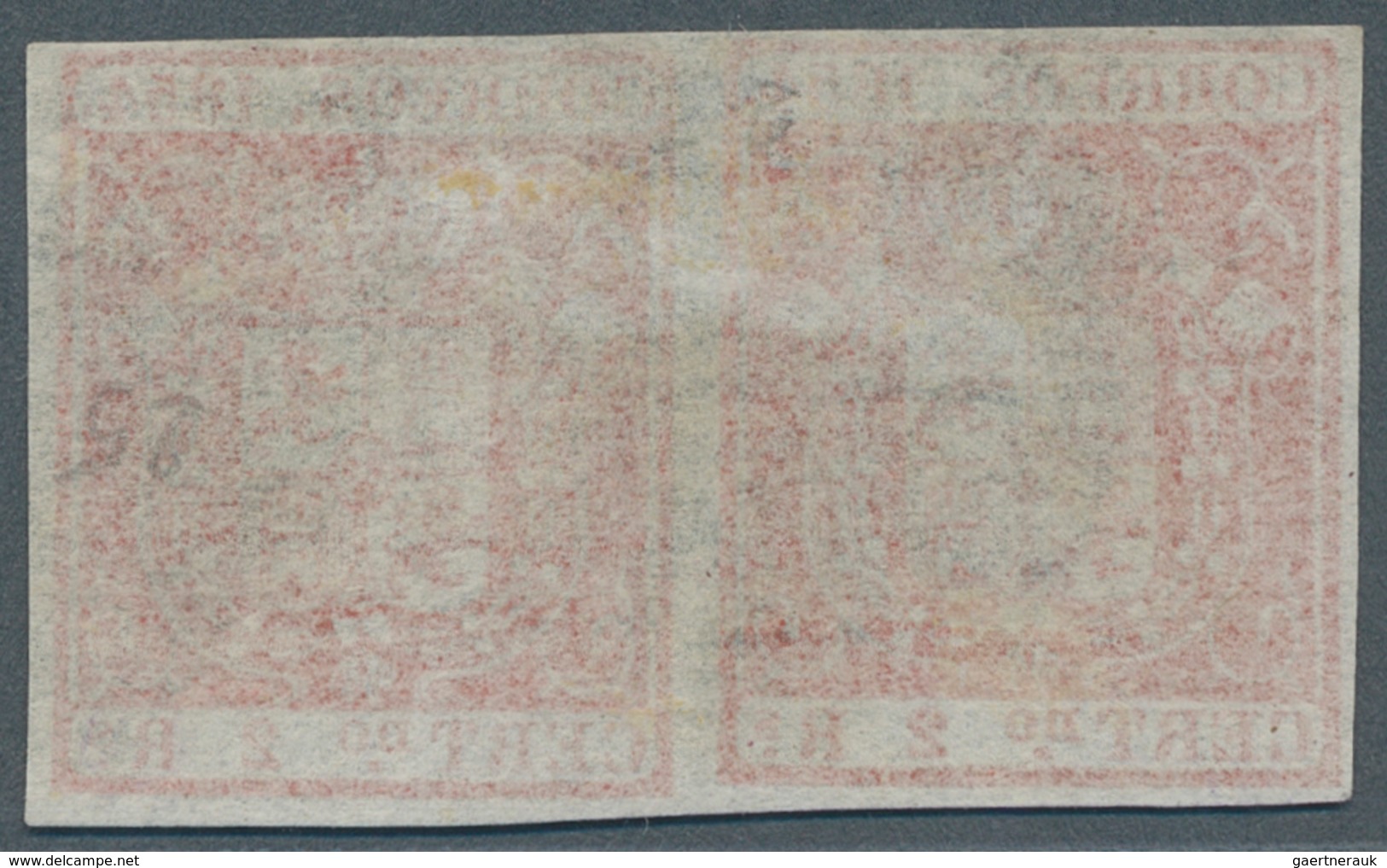 Spanien: 1854, 2 R Vermilion Paper, Vertical Pair With Complete Margins, Scarce ÷ 1854, 2 Reales Ber - Other & Unclassified