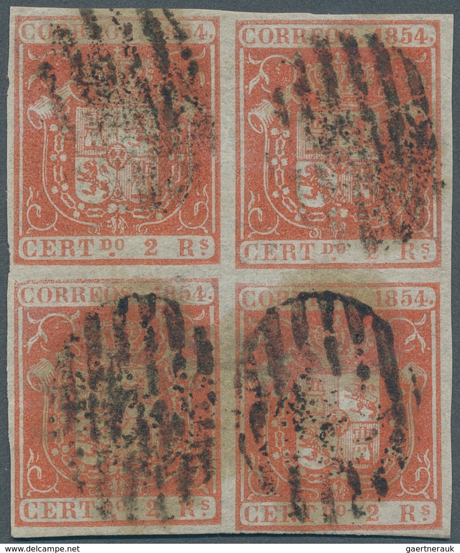 Spanien: 1854, 2 R Vermilion In Block Of Four, Cancelled With Black Grid-postmark, Signed, Attractiv - Sonstige & Ohne Zuordnung