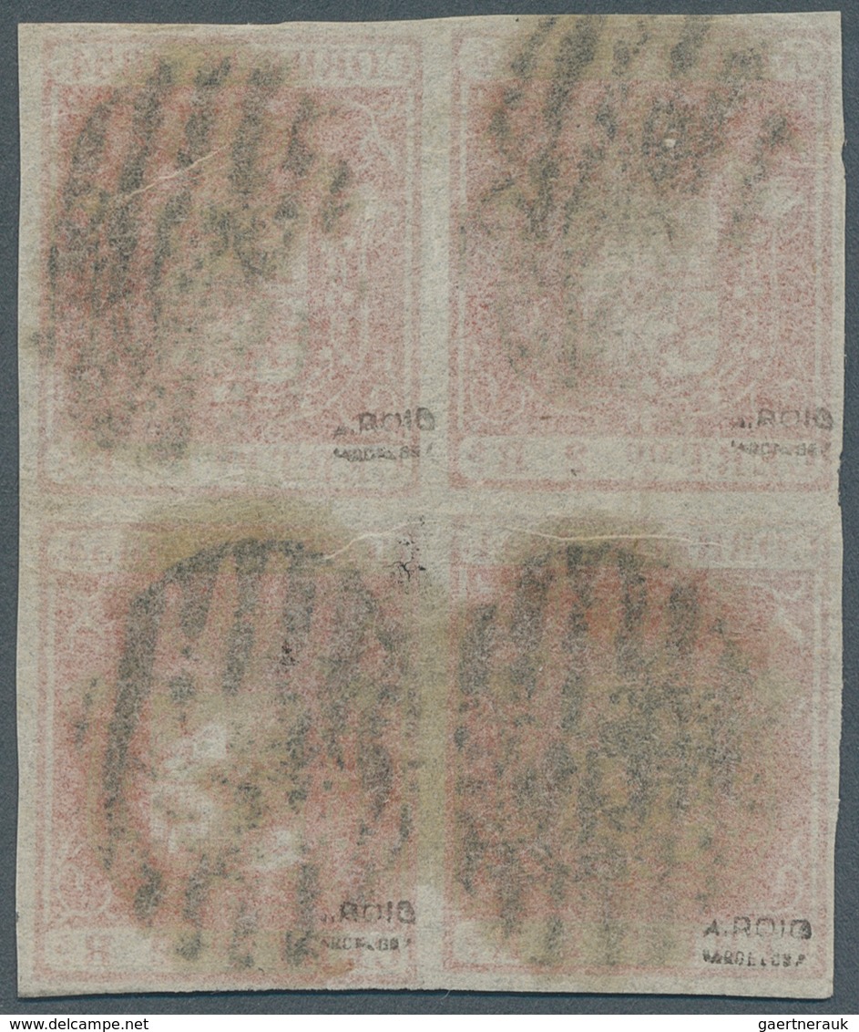 Spanien: 1854, 2 R Vermilion In Block Of Four, Cancelled With Black Grid-postmark, Signed, Attractiv - Sonstige & Ohne Zuordnung