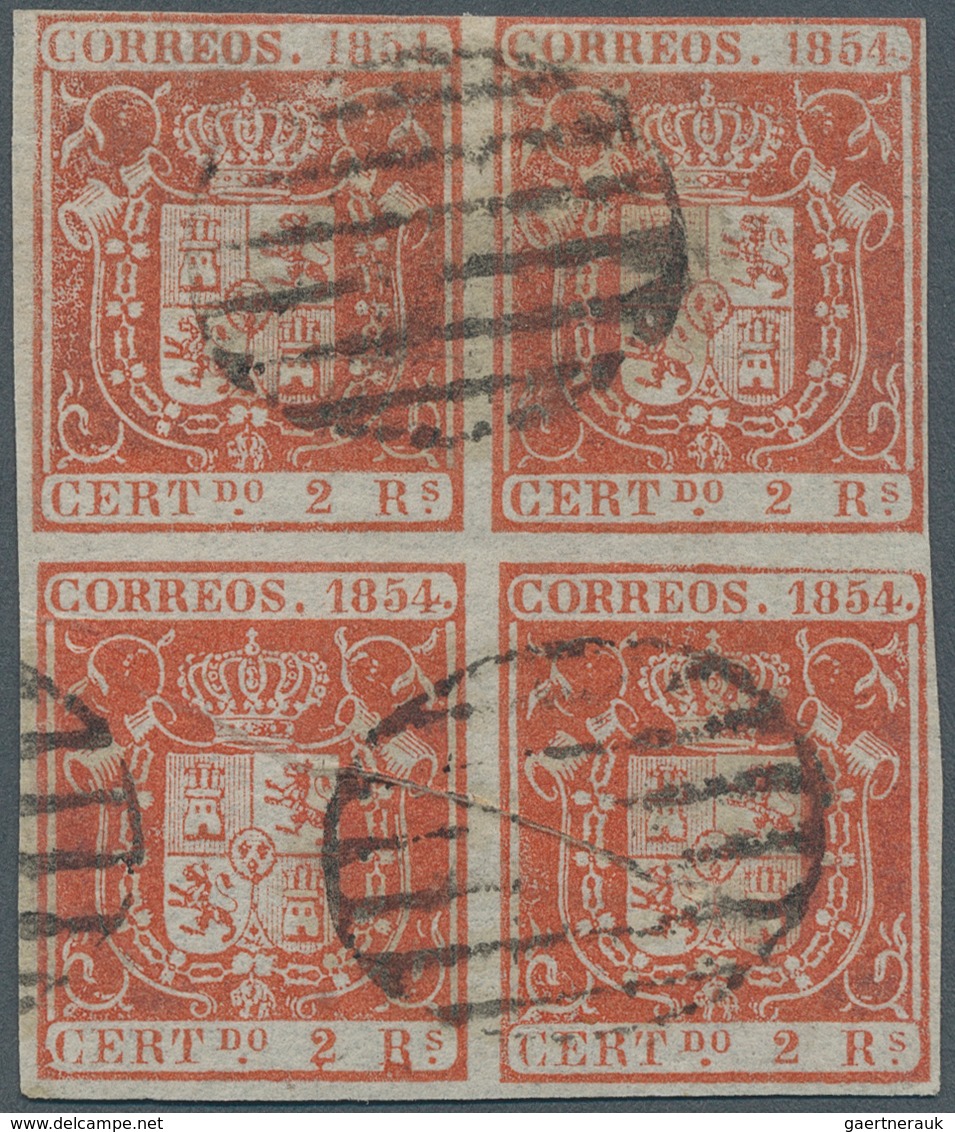 Spanien: 1854, 2 Rs. Red, Block Of Four, Horizontal Fold. Cancelled With Grid-postmark. ÷ 1854, 6 Cu - Other & Unclassified