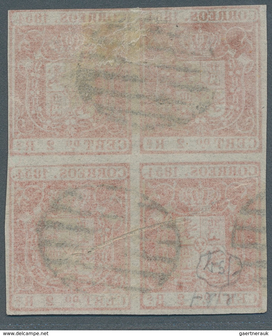 Spanien: 1854, 2 Rs. Red, Block Of Four, Horizontal Fold. Cancelled With Grid-postmark. ÷ 1854, 6 Cu - Andere & Zonder Classificatie