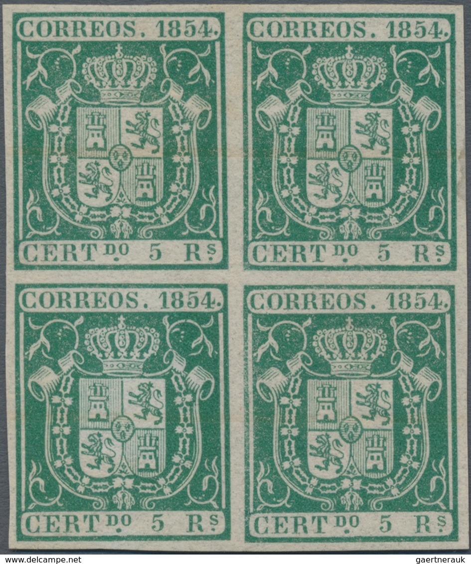 Spanien: 1854, 5r. Green, Proof Block Of Four On Ungummed Paper With Faint Annulment Marks, Signed R - Andere & Zonder Classificatie