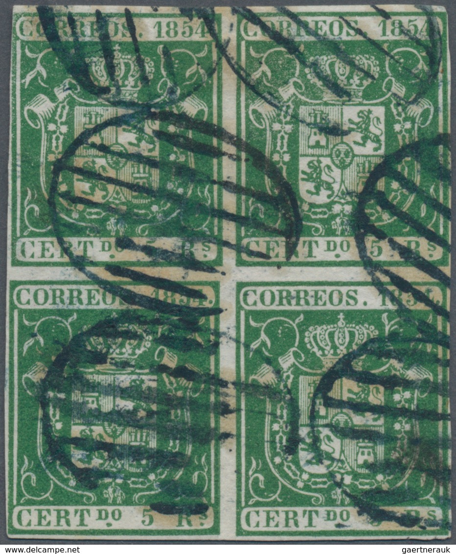 Spanien: 1854, 5r. Green, Block Of Four, Deep Intense Colour, Slightly Touched To Full Margins, Neat - Other & Unclassified