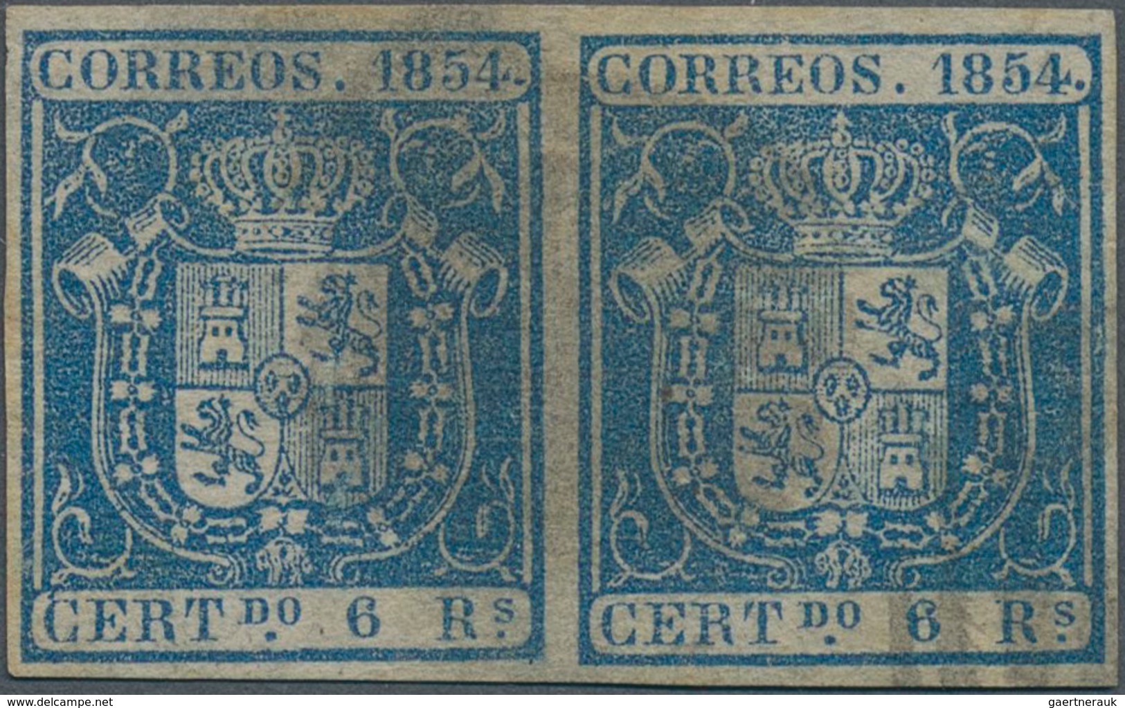 Spanien: 1854, 2r. Blue, Horizontal Pair, Fresh Colour And Full Margins, Used (smudgy Postmark). Edi - Andere & Zonder Classificatie