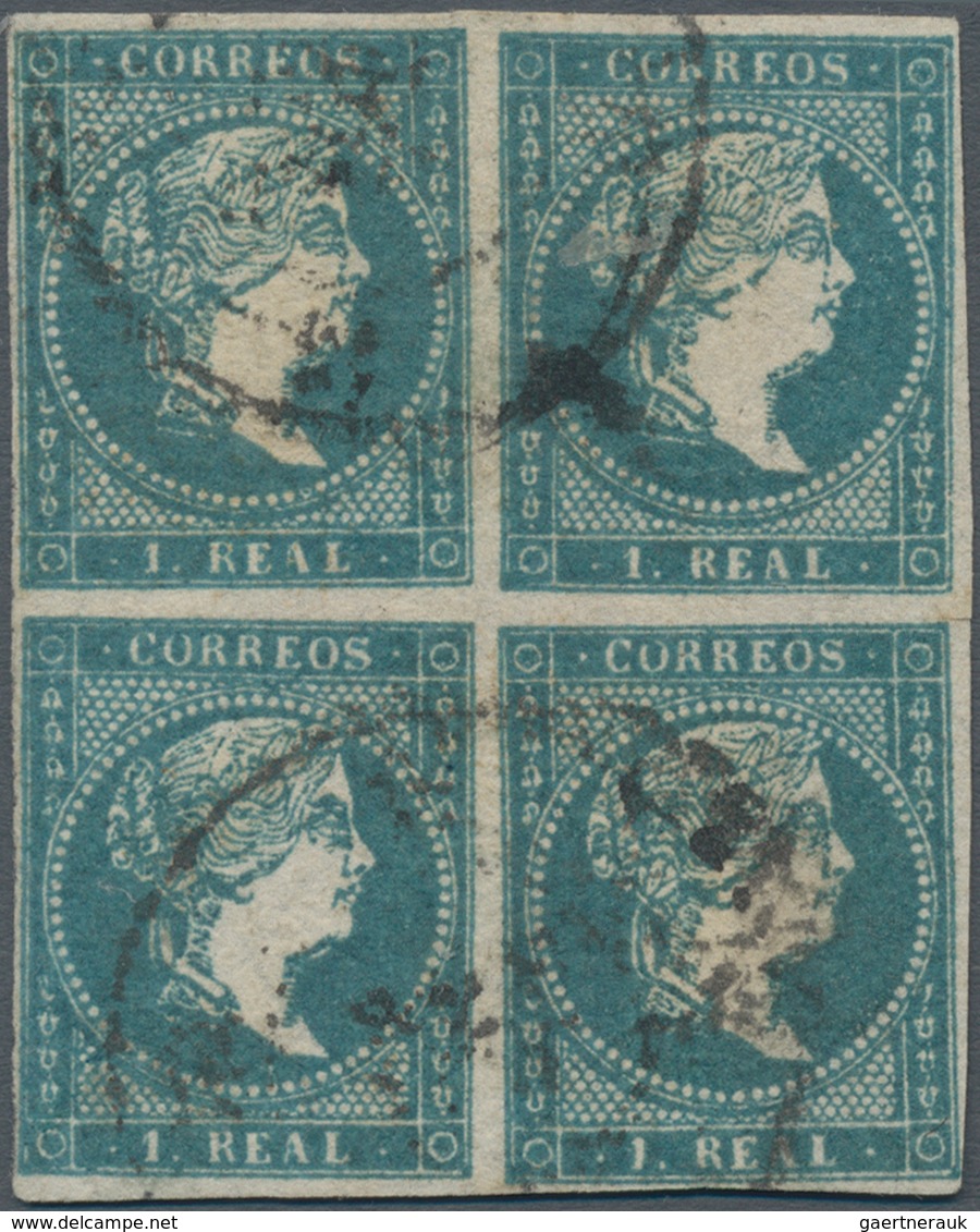 Spanien: 1856, 1r. Greenish Blue, Used Block Of Four, Deep Colour And Close To Full Margins. Edifil - Andere & Zonder Classificatie