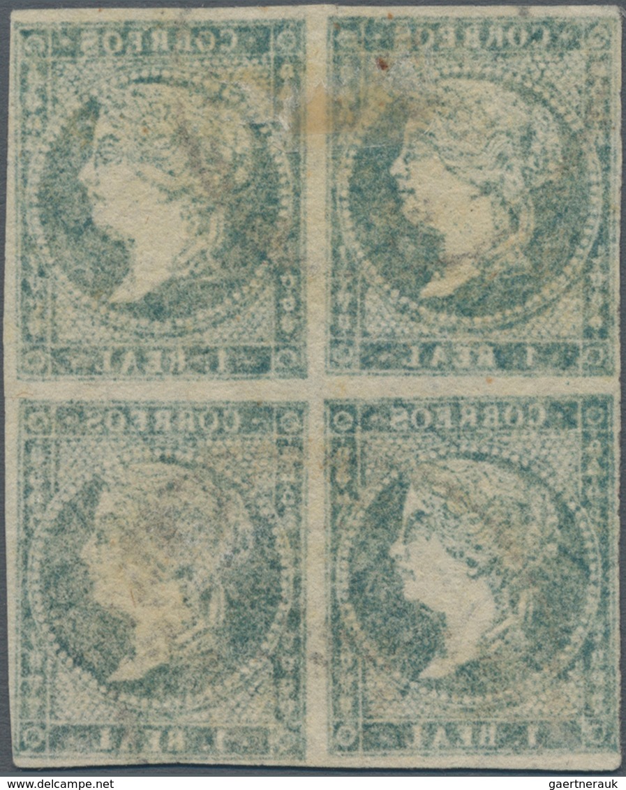 Spanien: 1856, 1r. Greenish Blue, Used Block Of Four, Deep Colour And Close To Full Margins. Edifil - Andere & Zonder Classificatie