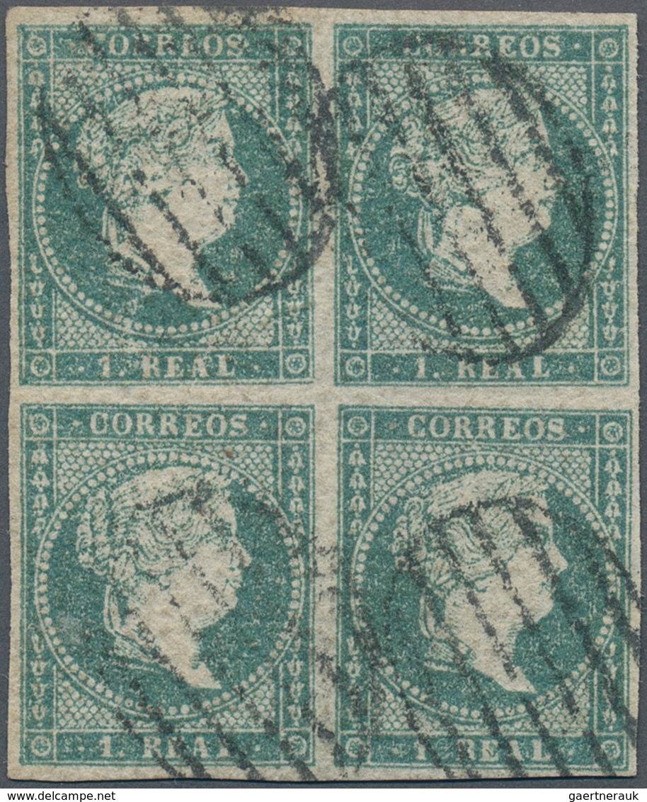 Spanien: 1856, Isabella 1 Real Green-blue With Watermark Crossed Lines On Transparent Rough Grey-whi - Other & Unclassified