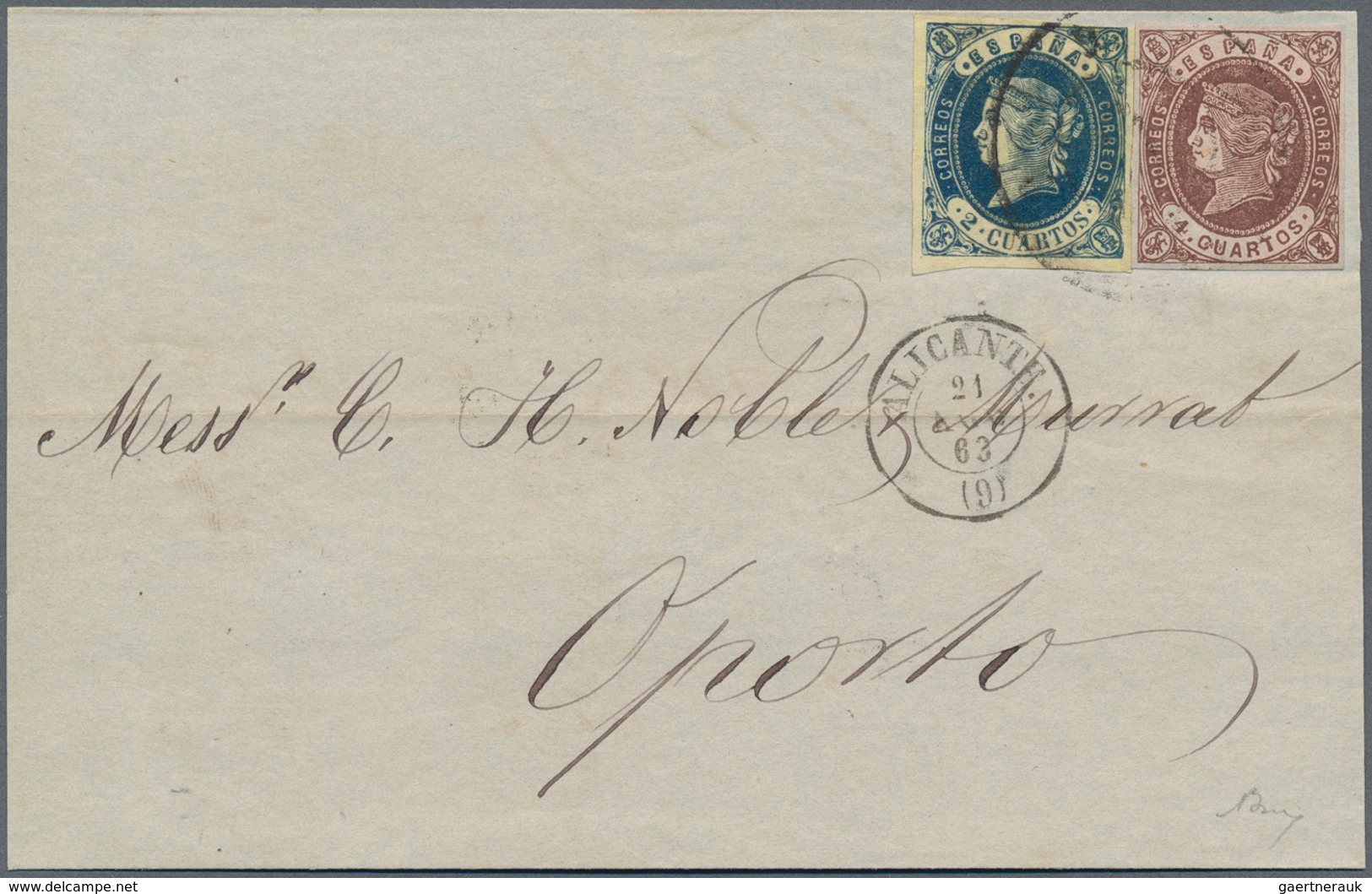 Spanien: 1862 2cu. Blue And 4cu. Chestnut Used On Folded Cover From Alicante To Oporto, Portugal In - Other & Unclassified