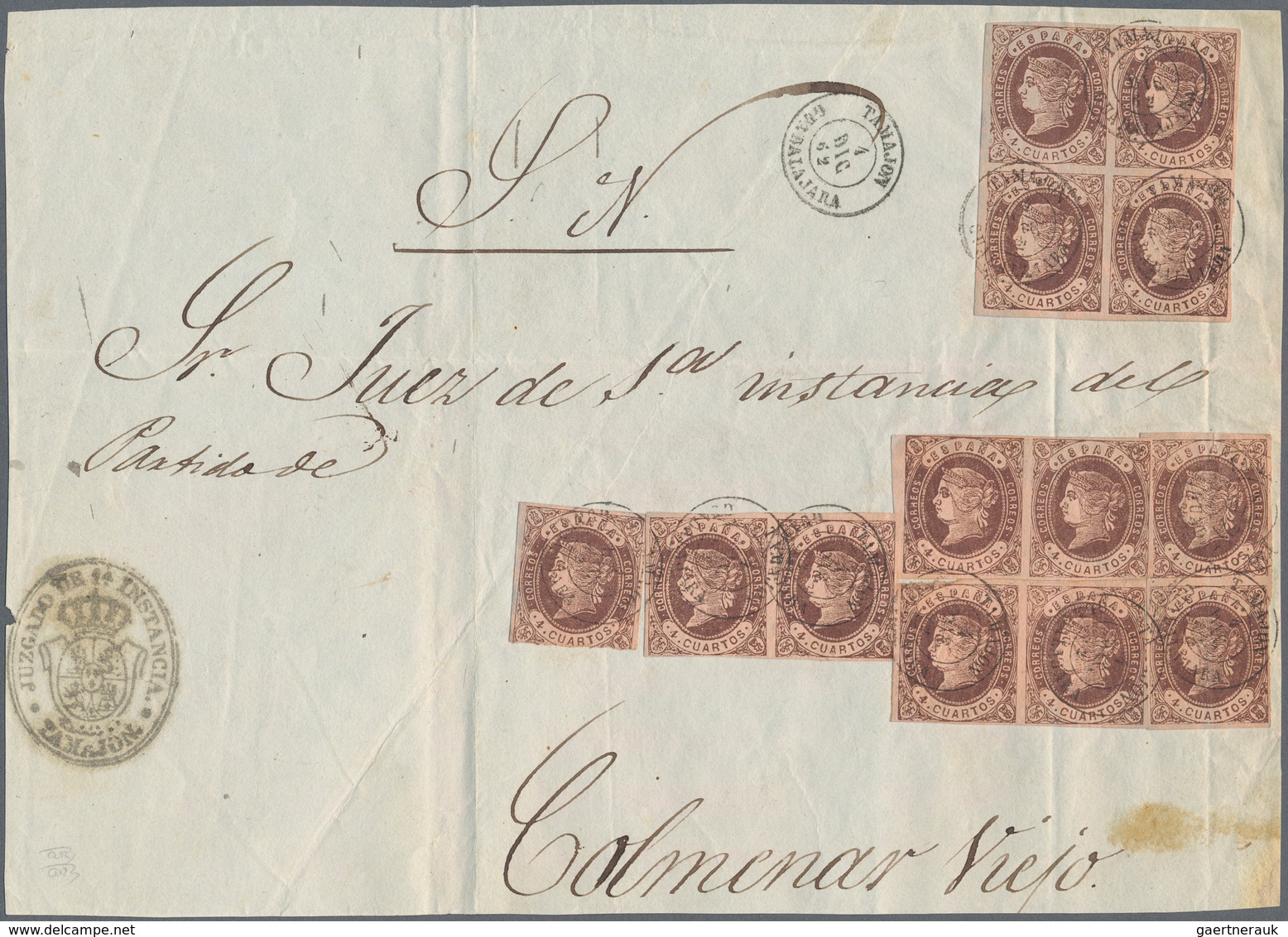 Spanien: 1862 4 Cuartos Chestnut, Thirteen Stamps (= 52 Cuartos) On A Front Of A Judicial Pledge Of - Andere & Zonder Classificatie