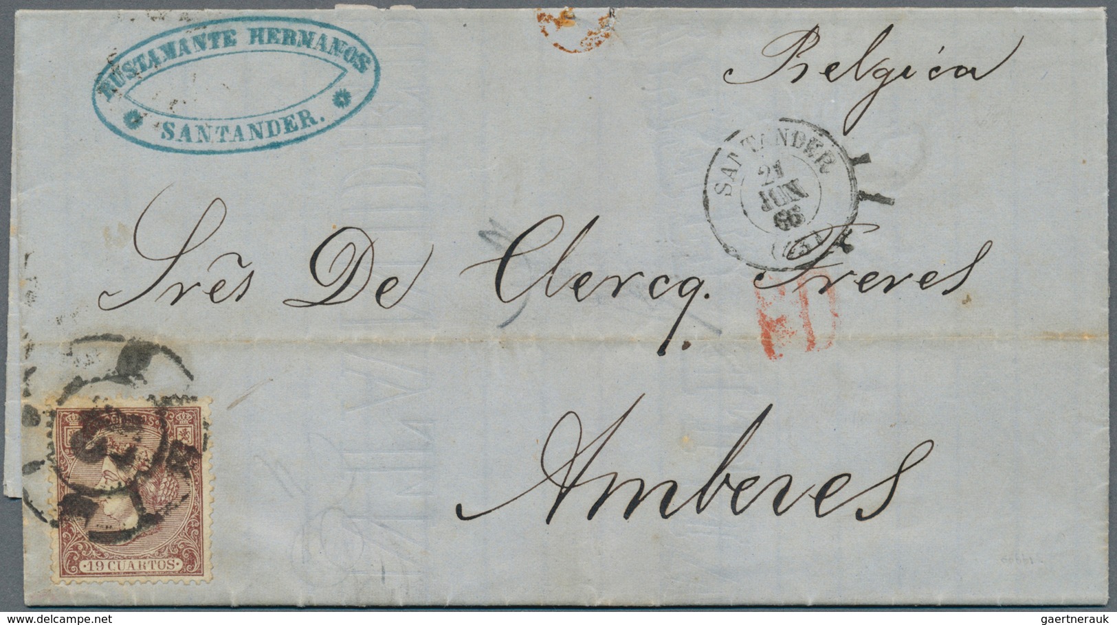 Spanien: 1866, 19 Cuartos Brown Tied "43" To Entire Folded Letter From "SATANDER 21 JUN 66" To Antwe - Andere & Zonder Classificatie