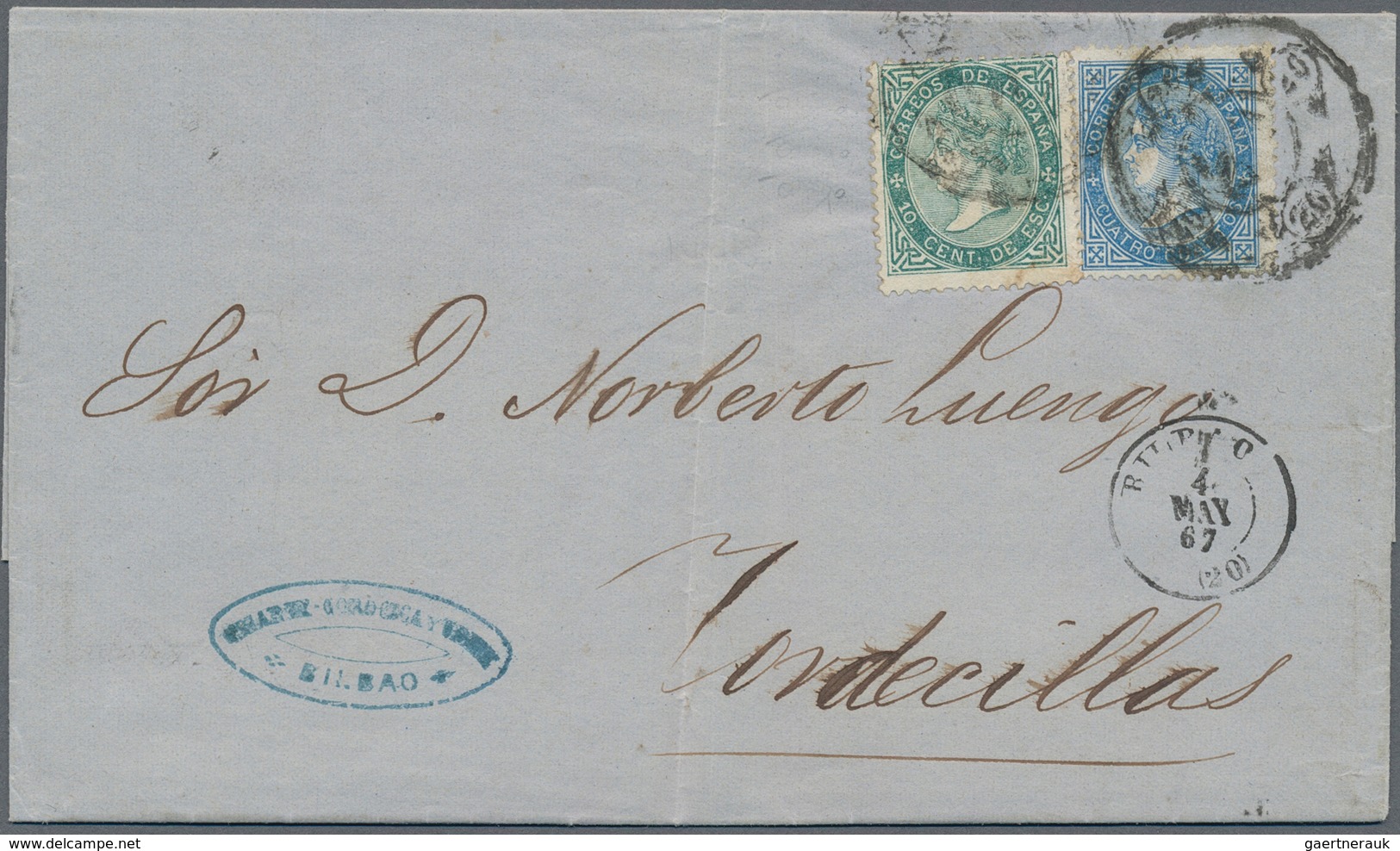 Spanien: 1867 4cu. Blue And 10c. Green Used On Entire Letter From Bilbao To Tortesilla, Tied By Doub - Other & Unclassified