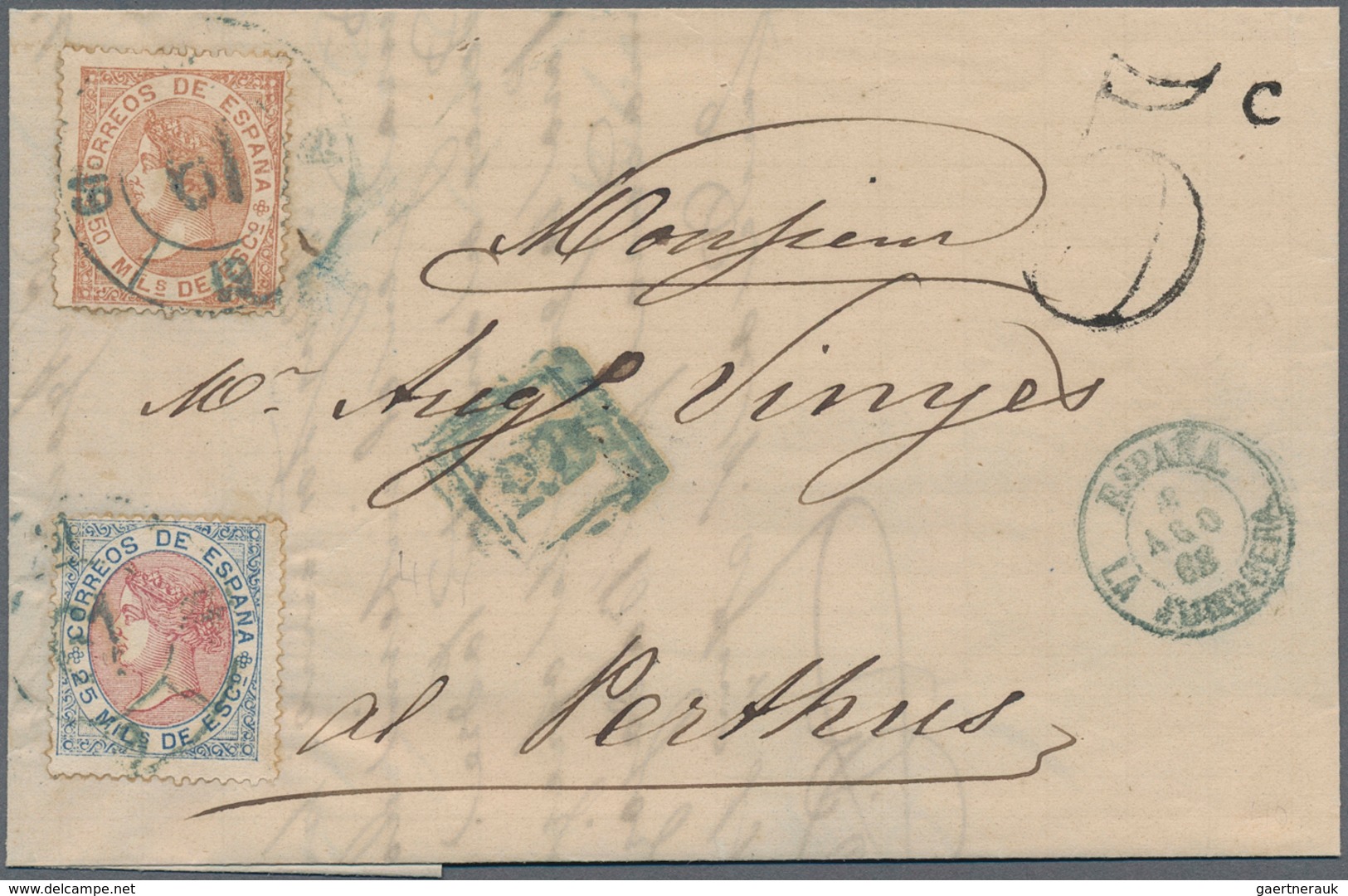 Spanien: 1867, 25 M. And 50 M. Tied Blue Carreta "19" In Blue To Entire Folded Letter Dated "Aguilla - Andere & Zonder Classificatie