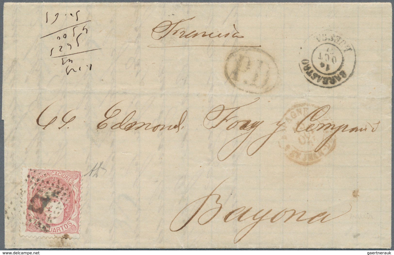 Spanien: 1870, 12 Cuartos Rose Carmine, Error Of Colour, Tied "rombo De Puntos" To Entire Folded Let - Other & Unclassified