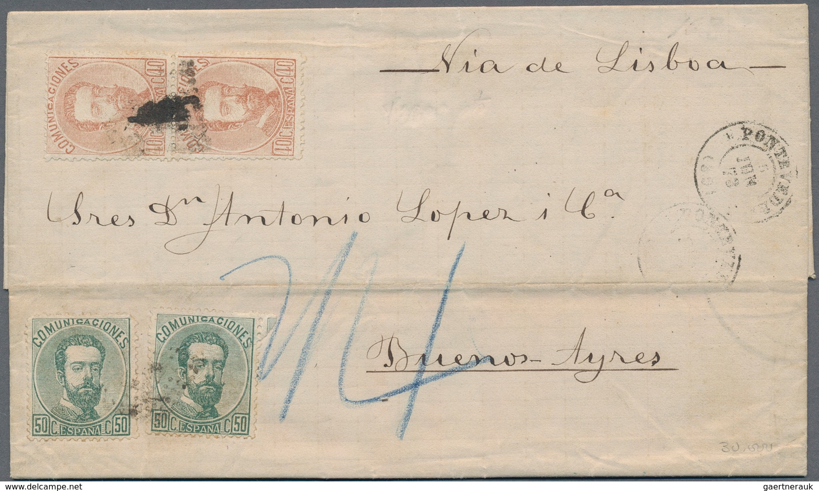 Spanien: 1873 40c. Chestnut Vertical Pair And Two Single Of 50c. Green Used On Entire Letter From Po - Andere & Zonder Classificatie