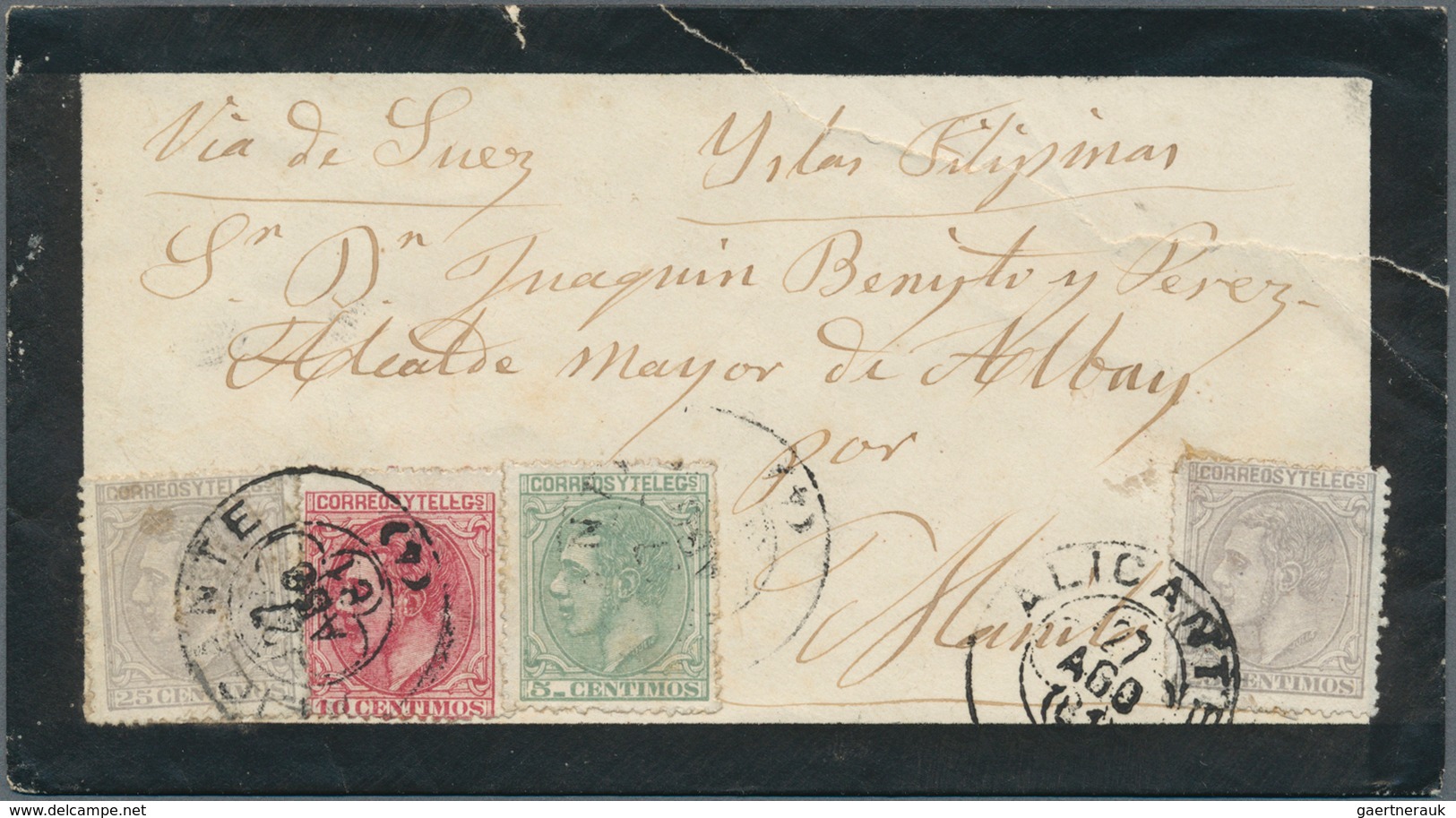 Spanien: 1880, 5 Cts, 10 Cts And 25 Cts (2) Tied "ALICANTE (9) 27 AGO 80" To Mourning Envelope (faul - Other & Unclassified