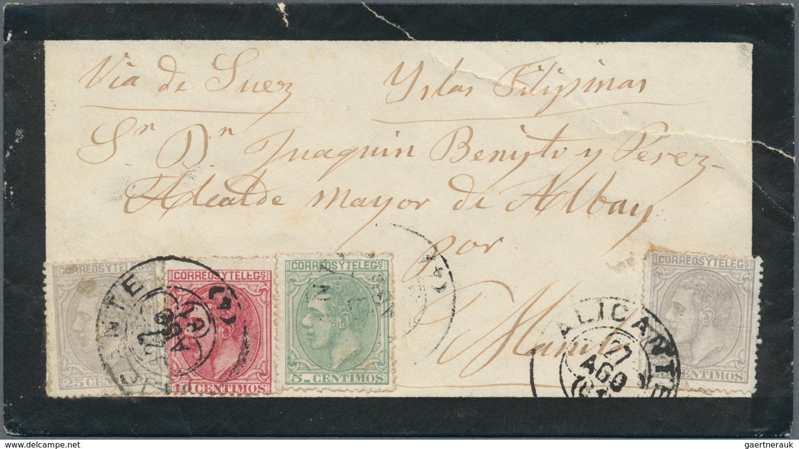 Spanien: 1880, 5 Cts, 10 Cts And 25 Cts (2) Tied "ALICANTE (9) 27 AGO 80" To Mourning Envelope (faul - Andere & Zonder Classificatie