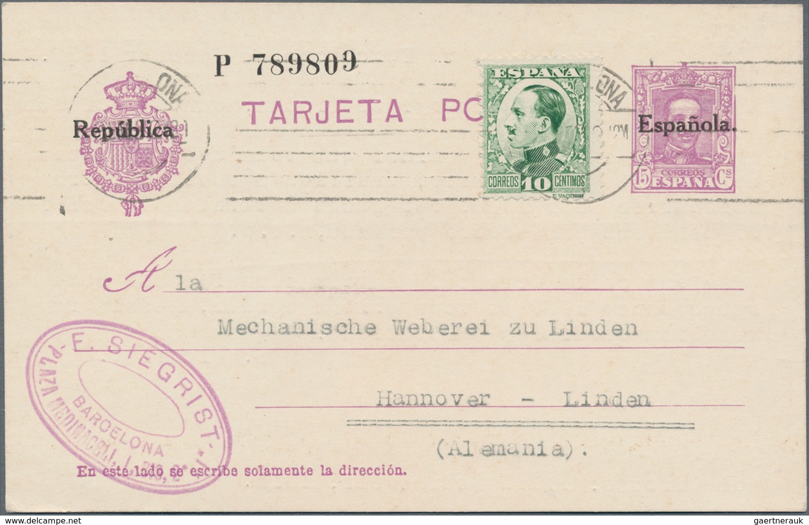 Spanien: 1920-32, 15 Cs. Violet Uprated Used Postal Stationery Card 1932 To Germany And Avec Reponse - Andere & Zonder Classificatie