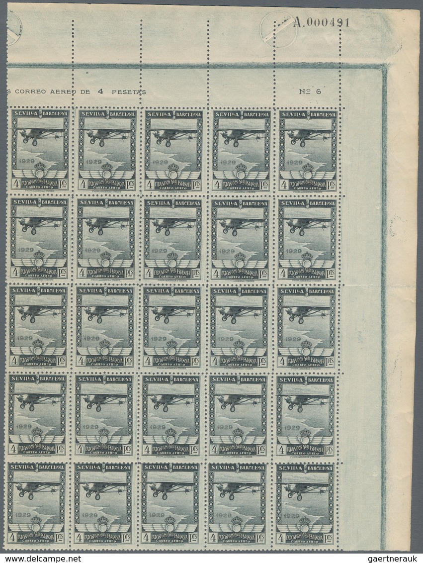 Spanien: 1929, Airmail Issue 4pta. Grey Black Showing Airplane 'Spirit Of St. Louis' Block Of 25 (fo - Other & Unclassified