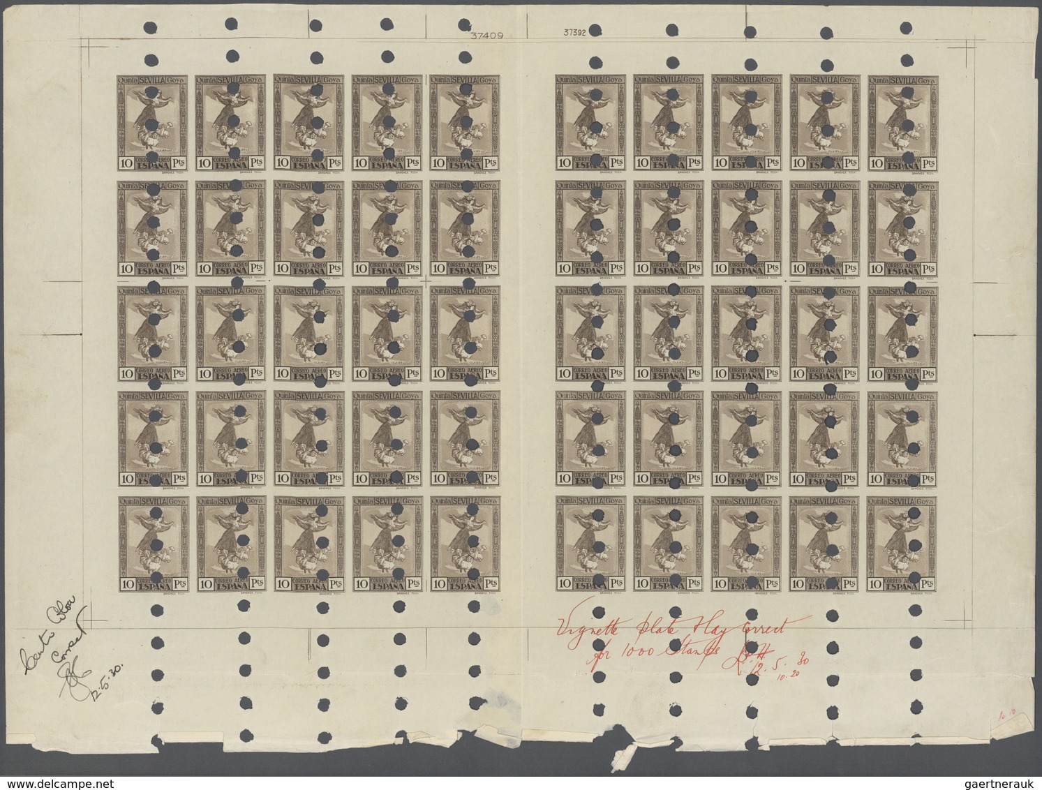 Spanien: 1930, Goya Death Centenary, 10pts. Brown/yellow-brown, Gutter Pane Of 50 Stamps With Vertic - Andere & Zonder Classificatie